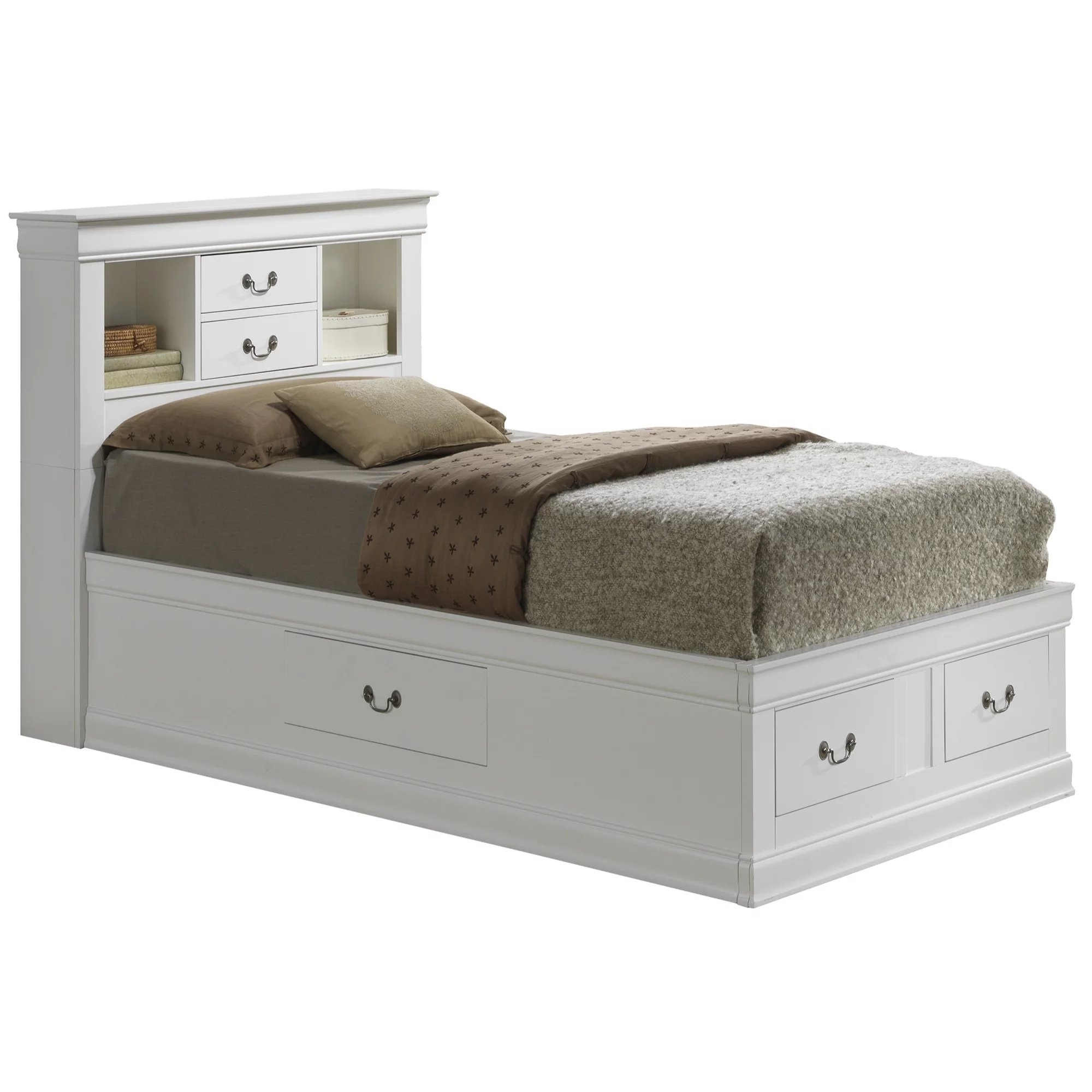 Passion Furniture Louis Philippe White Twin Storage Platform Bed with 6 Storage Drawers