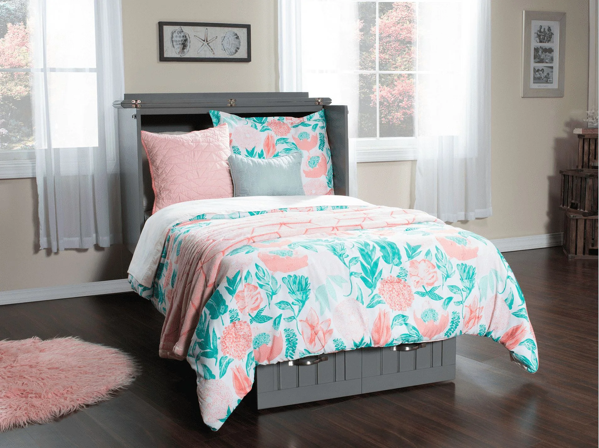 Nantucket Murphy Bed Chest Twin Grey with Charging Station & Cool Soft Mattress