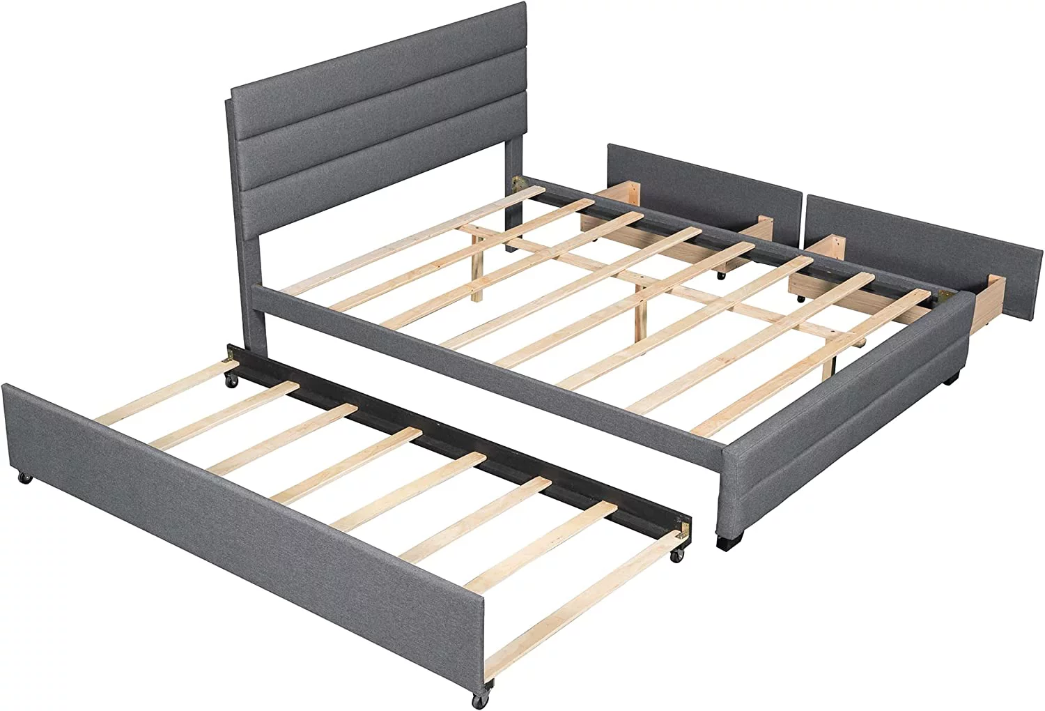 Modern Linen Upholstered Platform Bed with Trundle and 2 Drawers, Queen Size Platform Bed, Wooden Slats Support, No Box Spring Needed