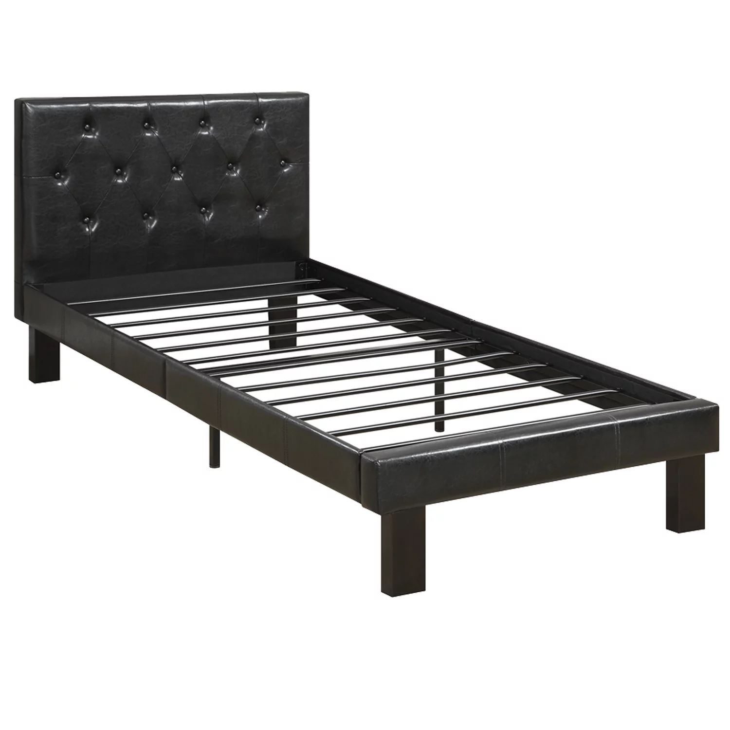 Benzara Faux Leather Upholstered Twin size Bed with tufted Headboard, Black