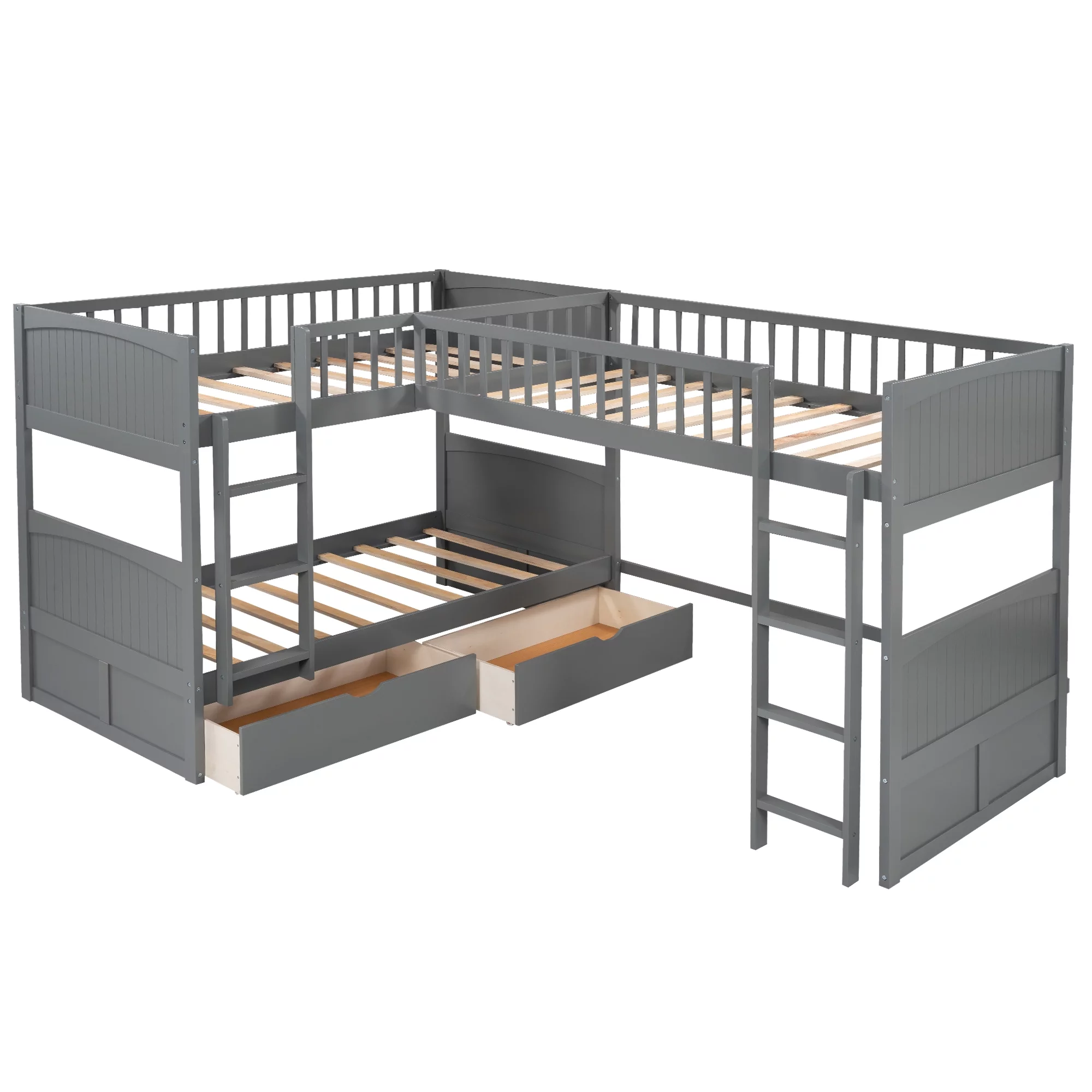 LOAOL Wooden Twin Size Bunk Bed with 2 Drawers and 2 Ladders for Bedroom, L Shaped, Gray