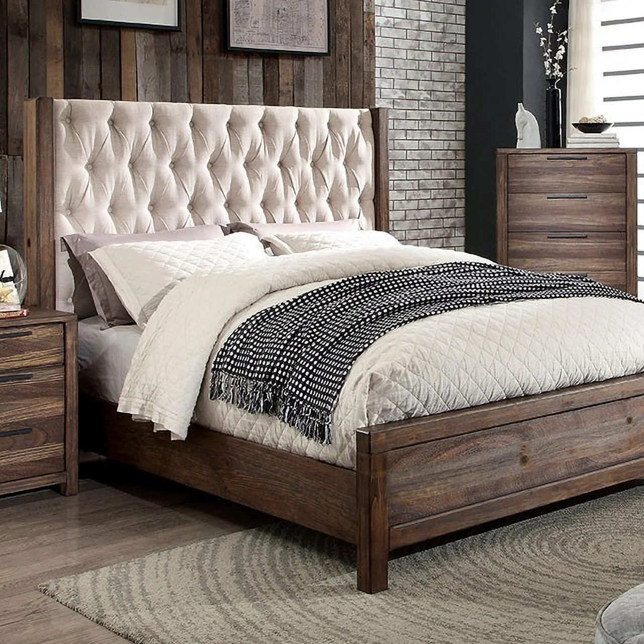 Rustic Natural Tone Beige Fabric Tufted HB California King Size Bed Solid wood Furniture Bedroom 1pc Bed