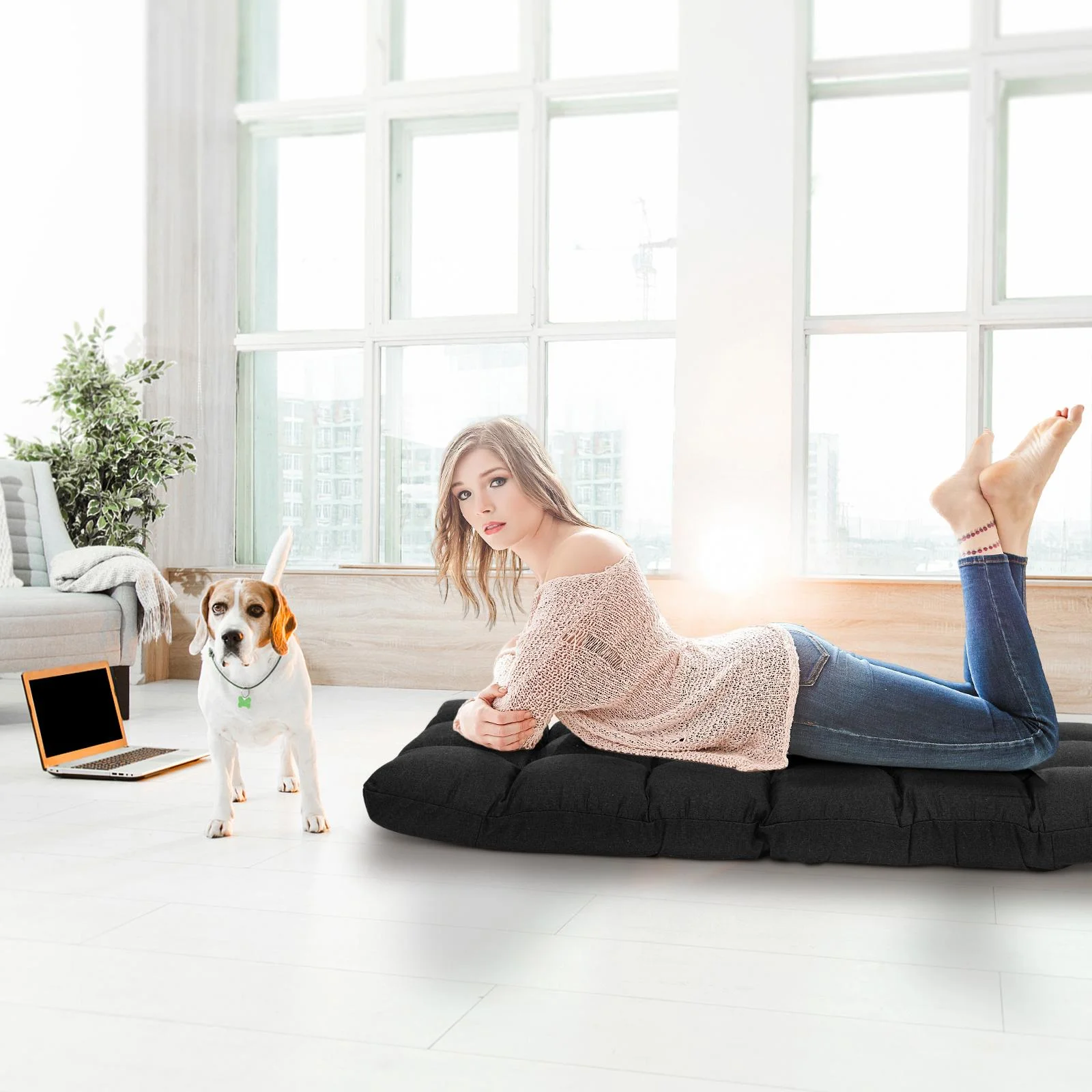 Giantex Adjustable Floor Gaming Sofa Chair w/14-Position, Cushioned Folding Lazy Reclinerw/High Resilience Sponge, Sleeper Bed Couch Recliner((Black)