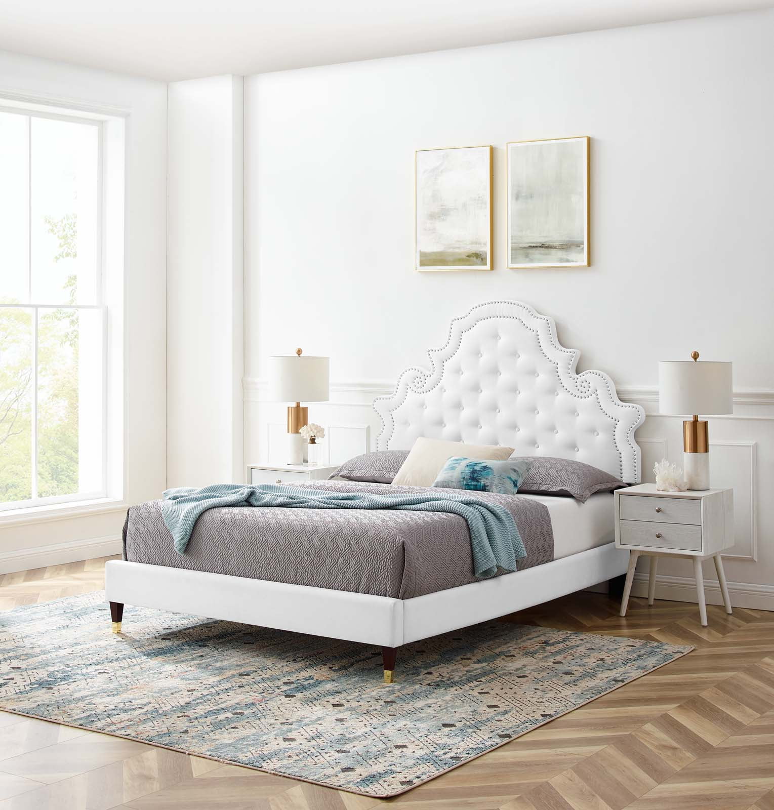 Modway Gwyneth Tufted Performance Velvet Queen Platform Bed in White