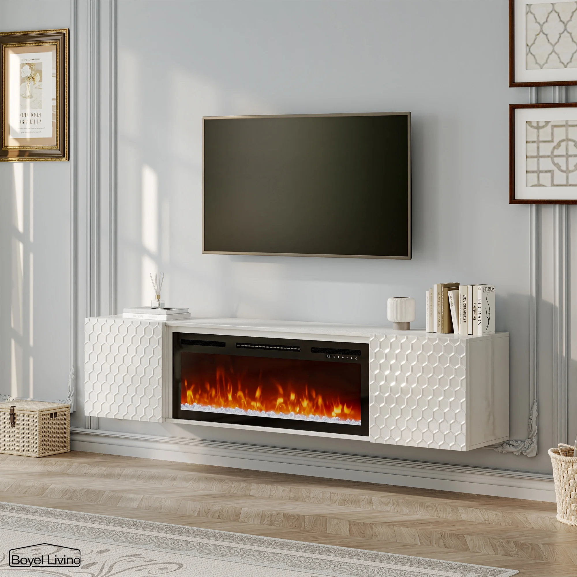 Boyel Livng Floating Fireplace TV Stand, Wall Mounted TV Console w/ 36