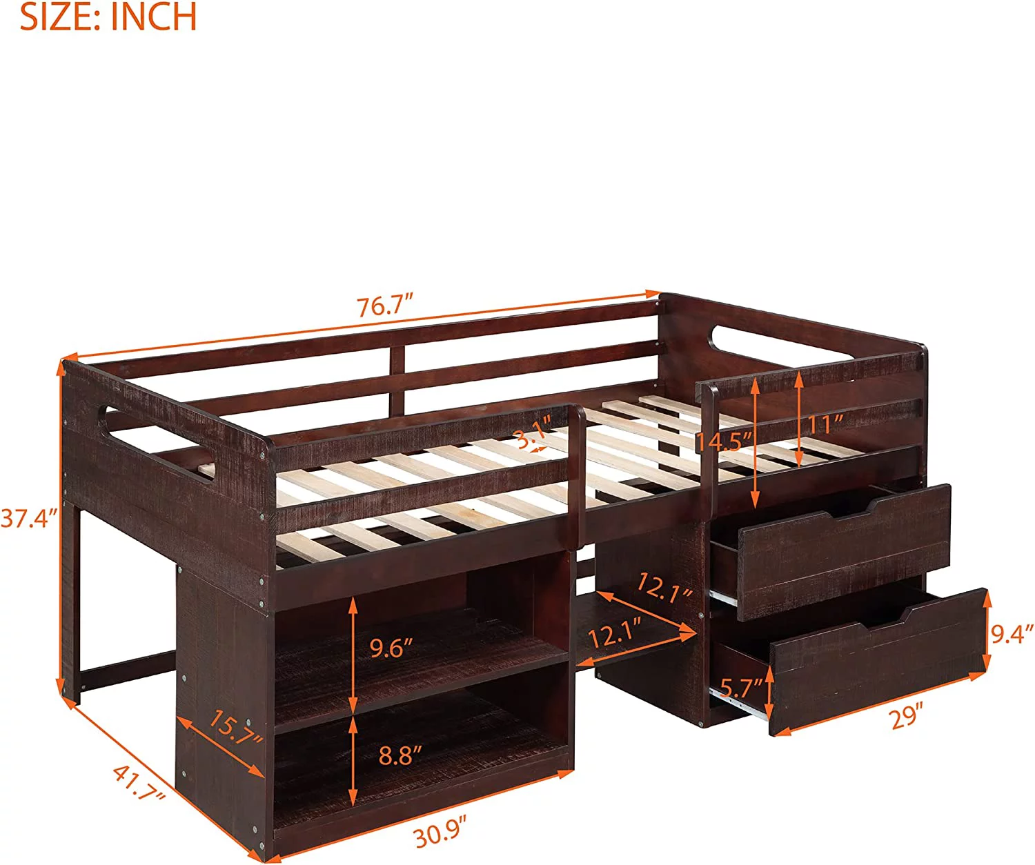 Loft Bed With Storage, Wooden Low Loft Bed With Two Shelves And Two Drawers, For Kids Teens Girls Boys (Antique Espresso)
