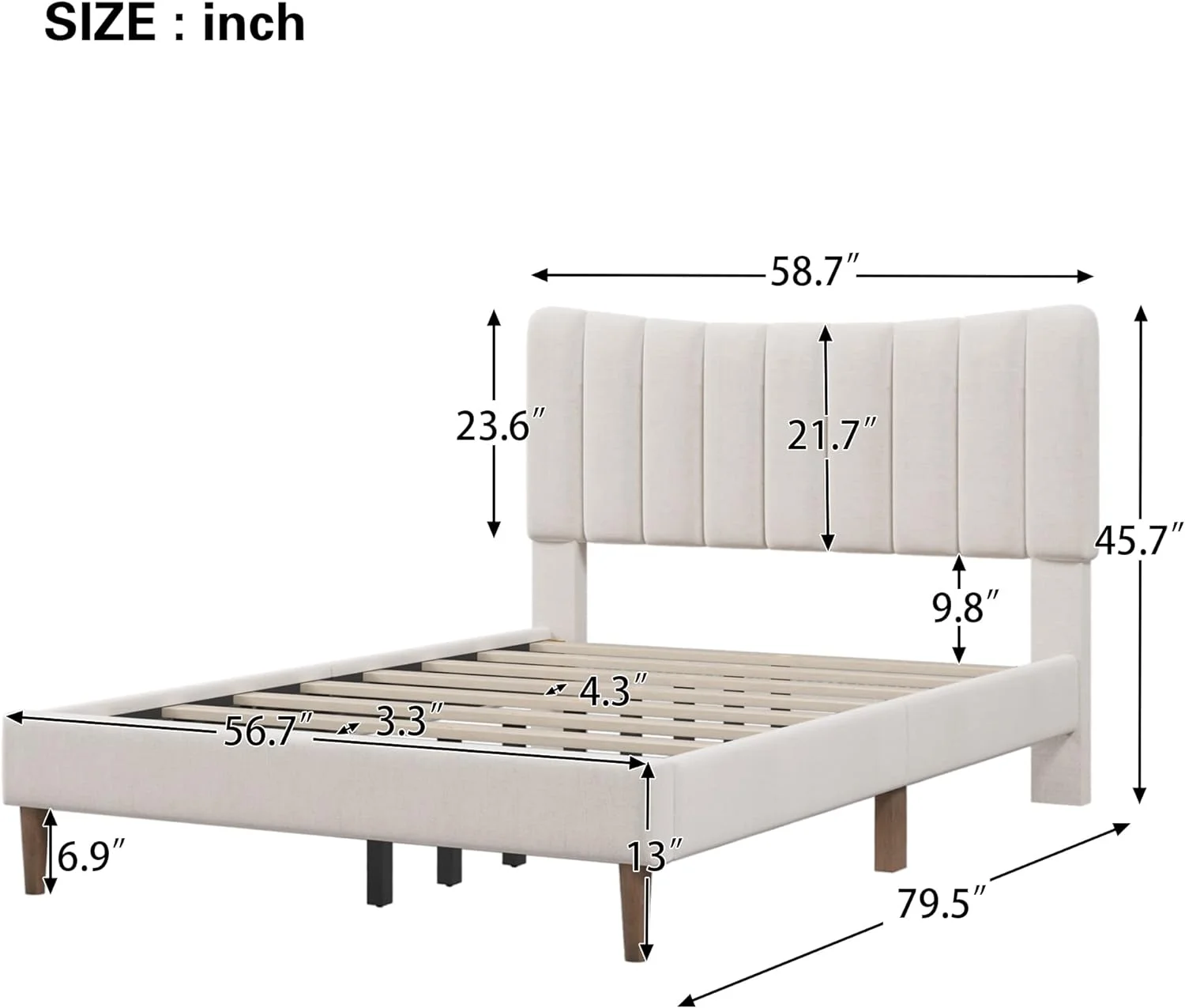 Full Size Platform Bed Modern Fabric Upholstered Platform Beds With Vertical Channel Tufted Headboard, Full Bed Frame For Bed Room, No Box Spring Needed (Cream)