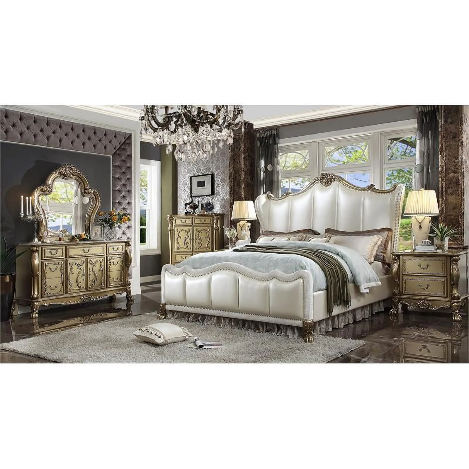 Bowery Hill Traditional California King Panel Bed with Nailhead Trim in Gold
