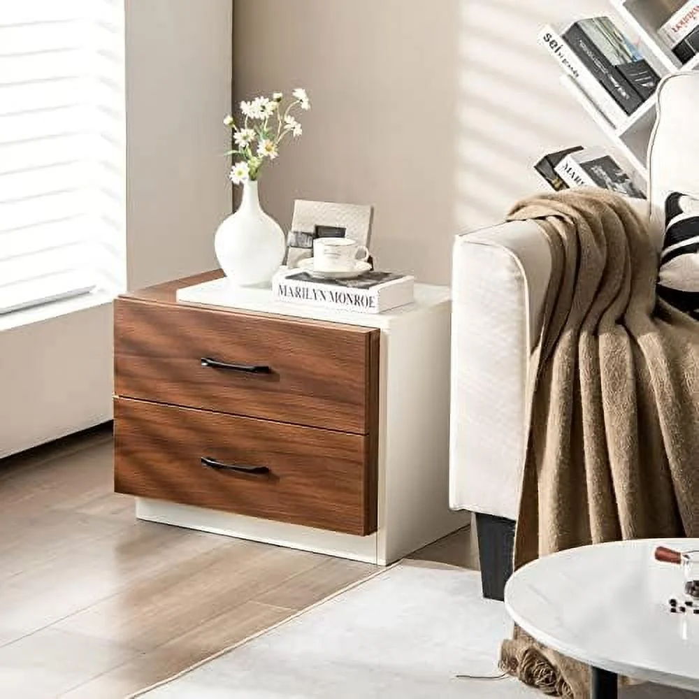 TJUNBOLIFE Modern Nightstand with 2 Drawers Wooden Bedside Table with Unique Framed Design Multifunctional End Table for Living Room Bedroom Study Walnut & White