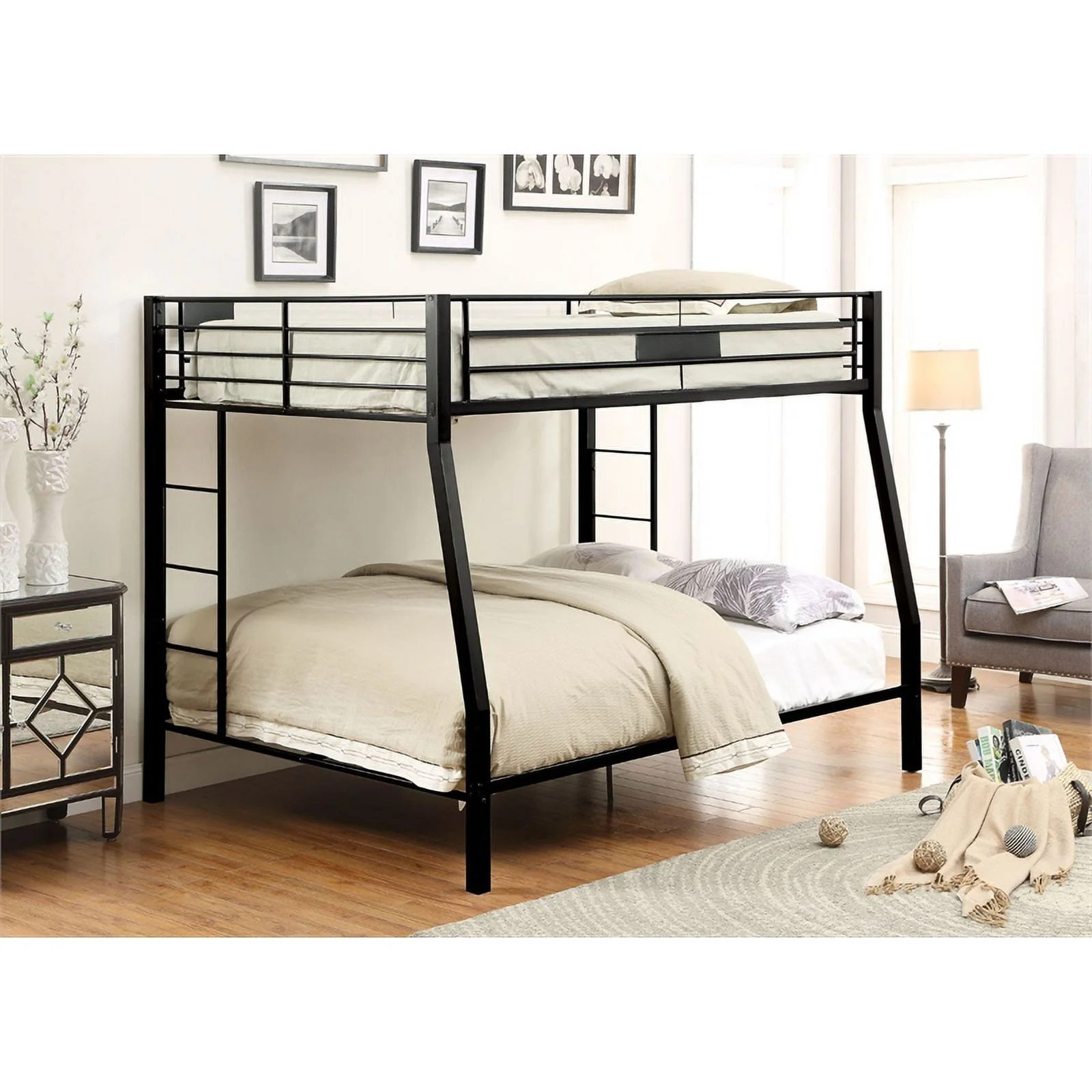 Pemberly Row Metal Frame Full XL over Queen Bunk Bed with Ladder in Sandy Black
