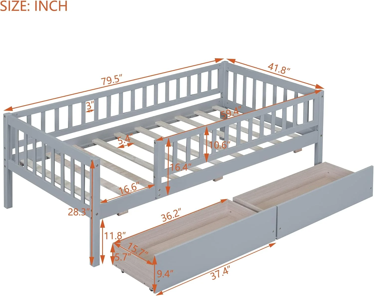 Size Bed Frame With Fece Railigs Ad Storage Drawers, Woode Motessori Kids Beds With Slats Support, Dual-Use Daybed For Bedroom Ad Livig Room, Gray