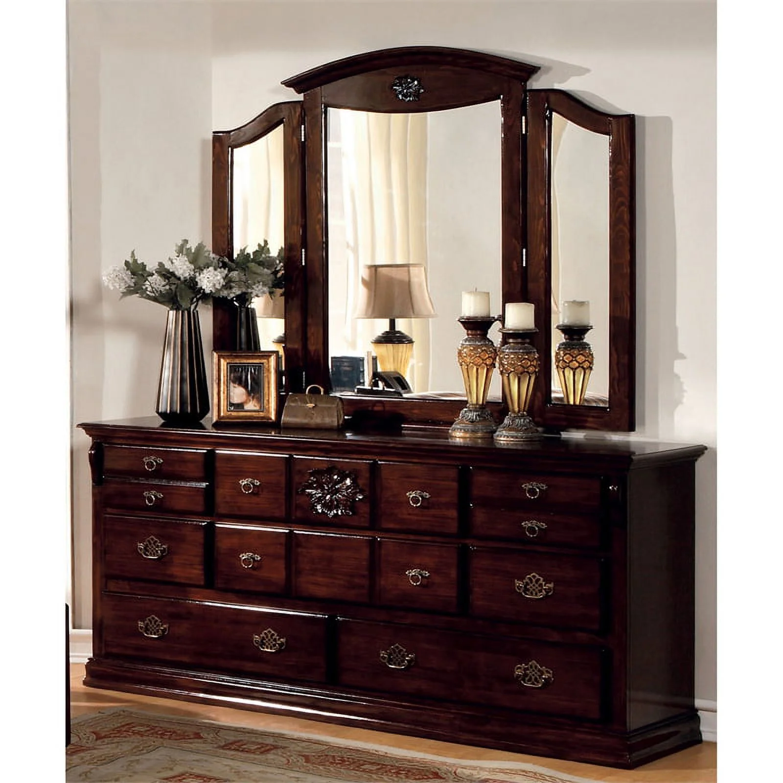 Furniture of America Hemps Solid Wood 2-Piece Dresser and Mirror in Brown Pine