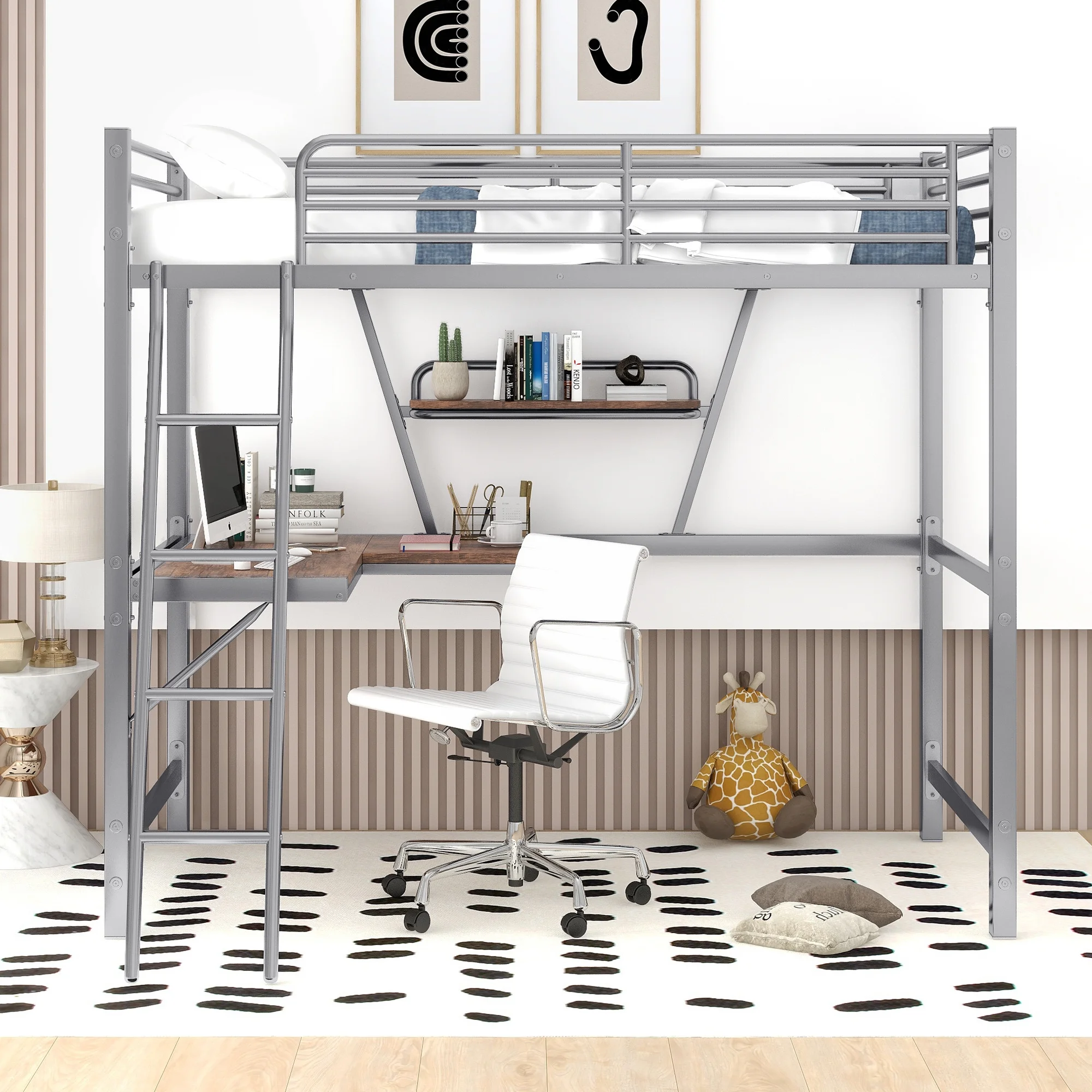 uhomepro Metal Loft Bed with MDF Desktop Desk and Shelf, Twin Bed Frame for Kids Youth Bedroom Dorm, No Box Spring Needed, Silver