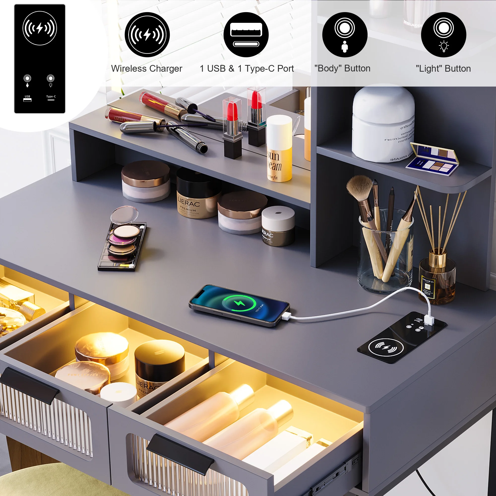 HNEBC Vanity with Lights, Vanity Desk with LED Mirror, Makeup Vanity with Charging Station, Make Dedk with 3 Drawers/Stool, with Senser Mode Dressing Table