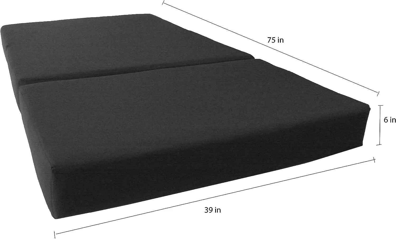 Black Twin Size Trifold Foam Beds 6 x 39 x 75, 1.8 lbs high Density Resilient White Foam, Floor Foam Folding Mats.