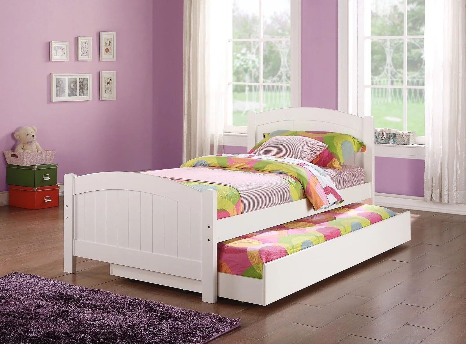 Contemporary Youth Bedroom Furniture 1pc Twin Size Bed w Trundle White Plywood Slats Bedframe