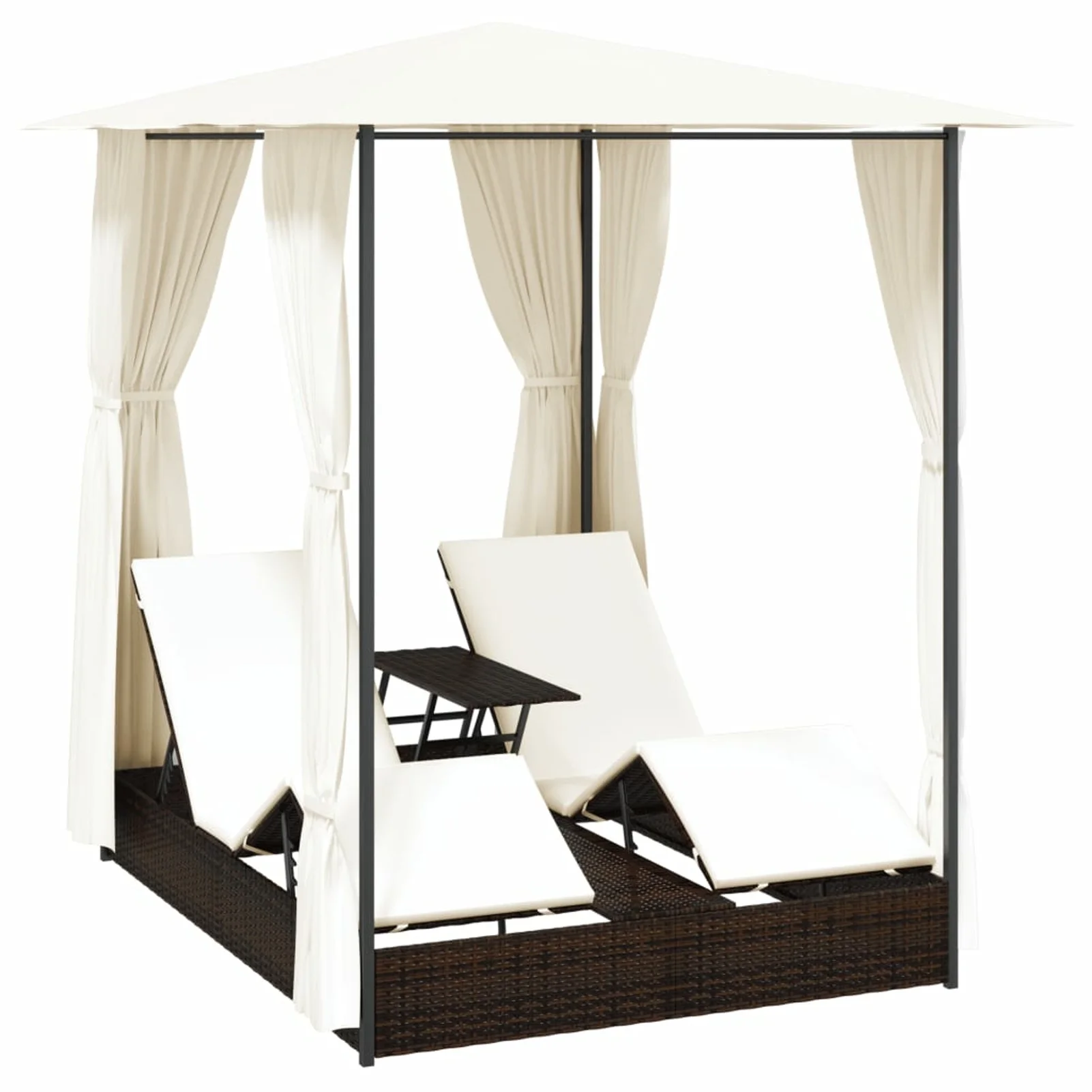 Carevas Double Sun Lounger with Curtains Poly Rattan Brown