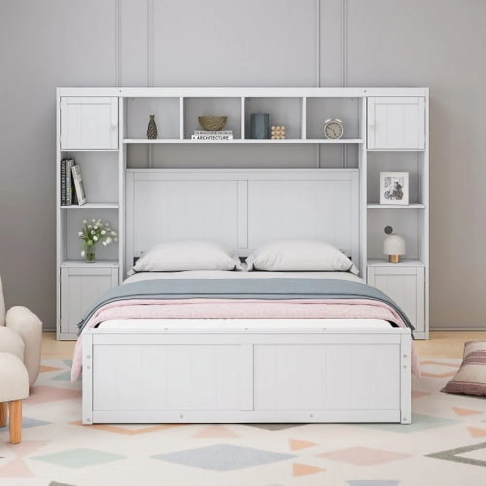 Elegant and Functional Full Size Wood Bed with 4 Drawers and All-in-One Cabinet and Shelf, White&nbsp;