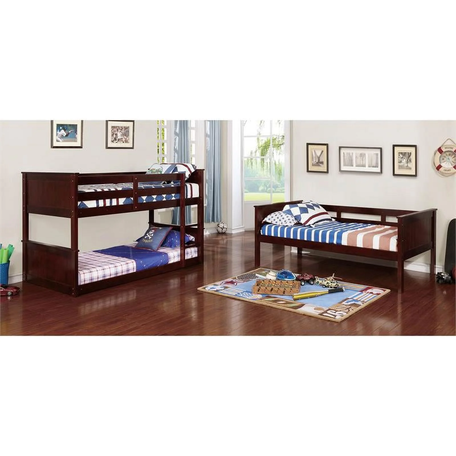Bowery Hill Transitional Wood Twin Triple Decker Bunk Bed in Dark Walnut