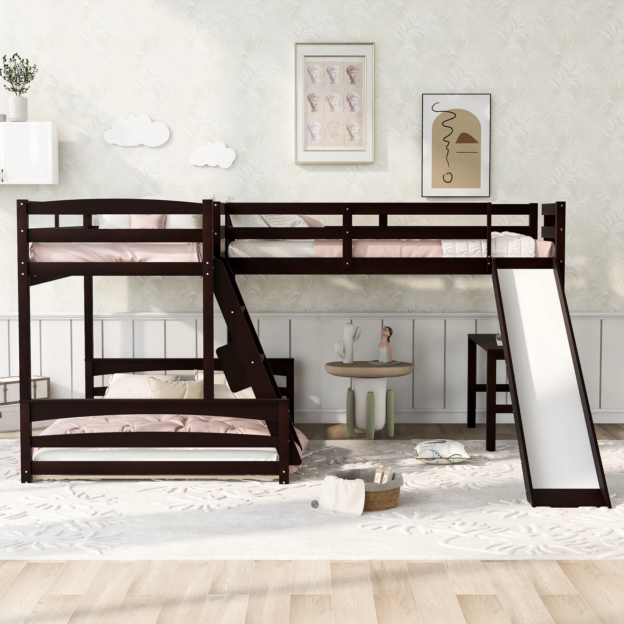 CoSoTower Twin Over Full Bunk Bed With Twin Size Loft Bed With Desk And Slide, Full-Length Guardrail, Espresso