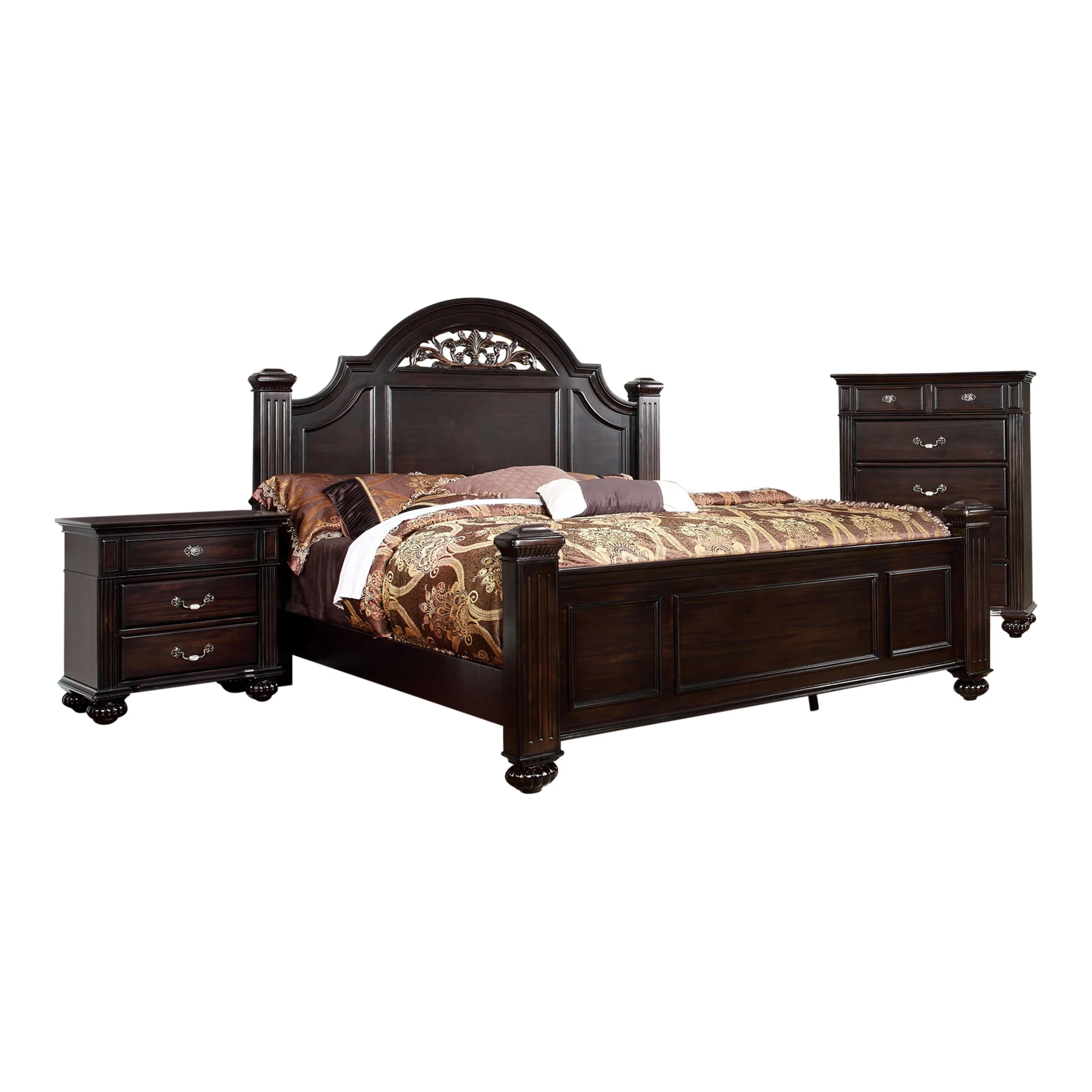 Furniture of America Vame Traditional Walnut Solid Wood 3-Piece Poster Bedroom Set by Queen