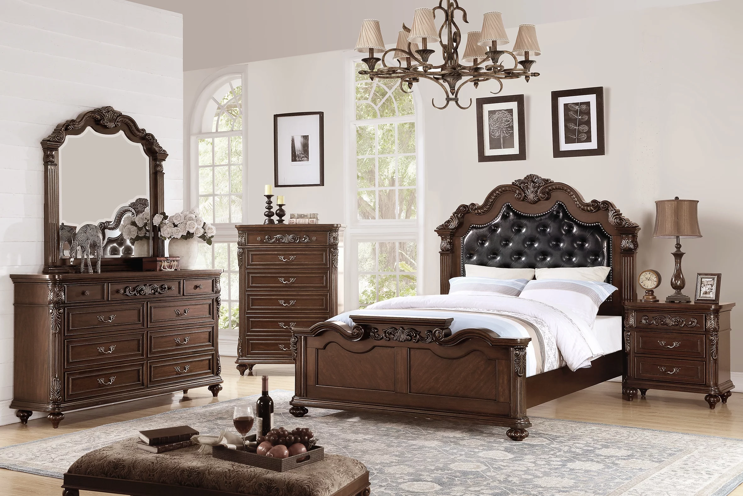 Luxurious 4pcs Bedroom Furniture Tufted HB Panel Queen Bed Dresser Mirror Nightstand Brown