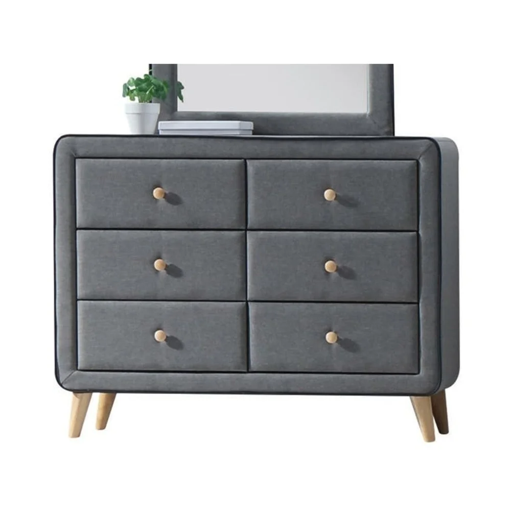 Benzara Transitional Style Wood and Fabric Upholstery Dresser with 6 Drawers, Gray