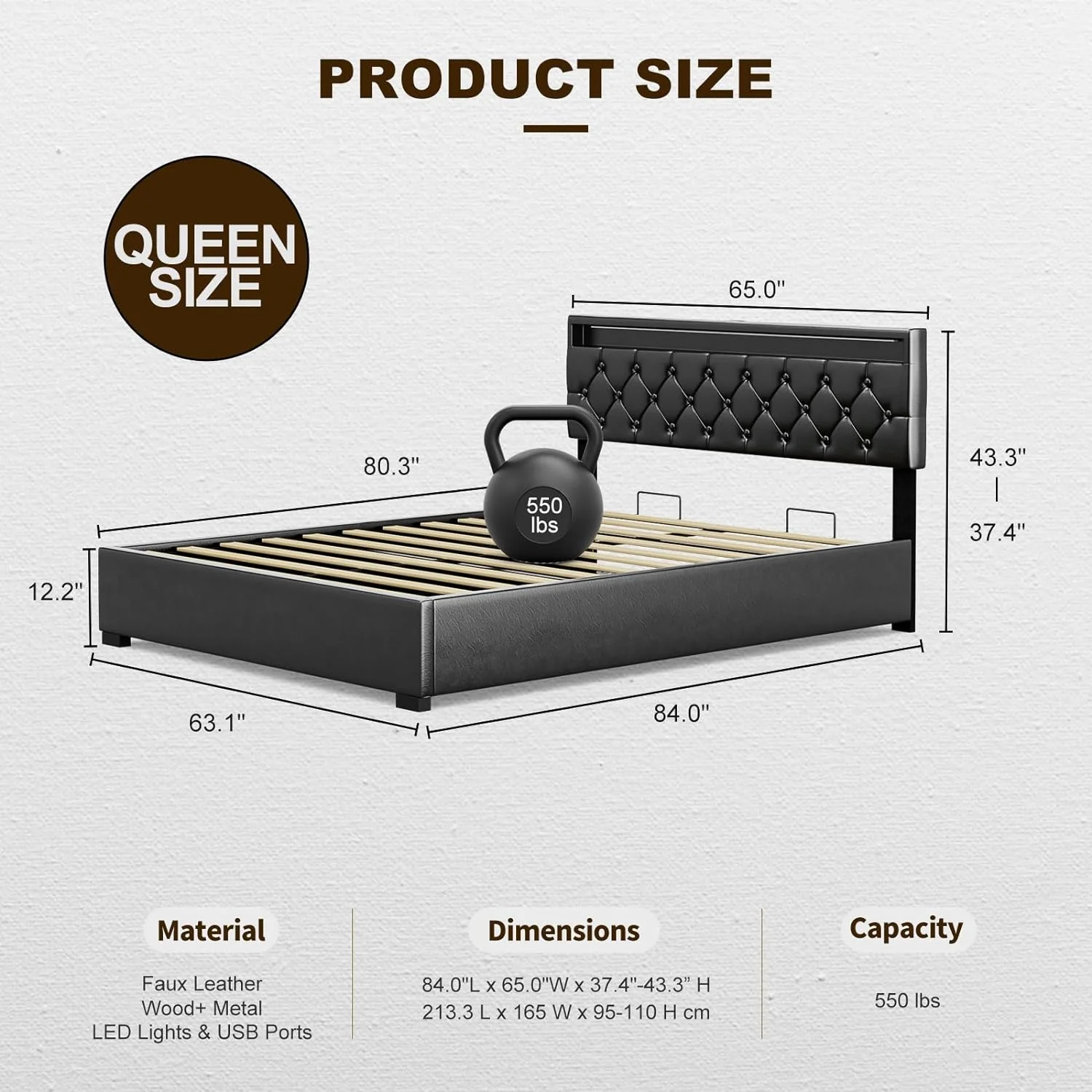 IKIFLY Queen Size Lift Up Storage Bed Frame, Upholstered Queen Platform Bed with 2 USB Ports & LED Lights Headboard - Adjustable Height - Solid Wood Slats, No Box Spring Needed, Noise Free - Black