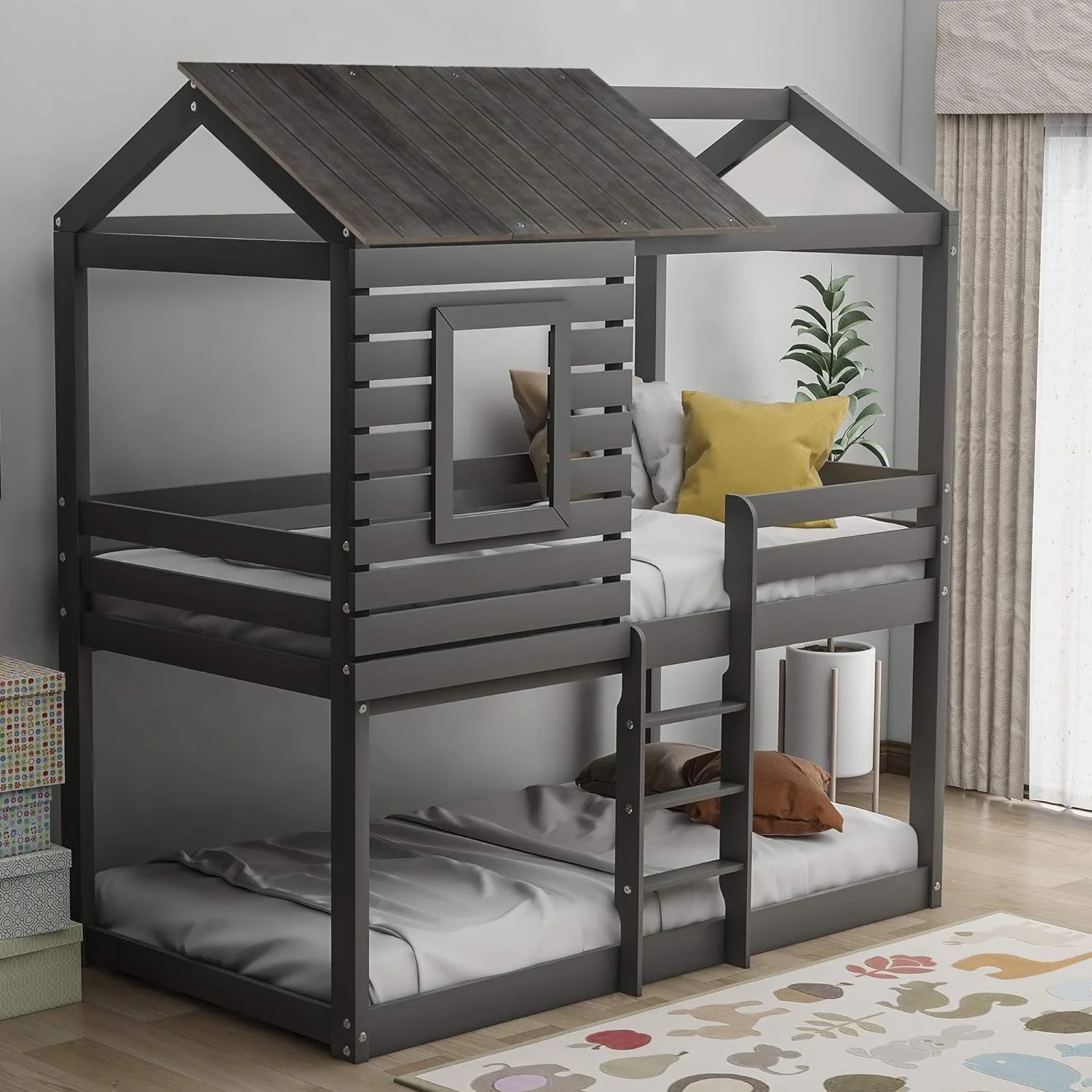 Over Bunk Bed, Wood House Bed Loft Bed Bedroom Furniture With Roof, Window, Guardrail & Ladder (Gray, Over )