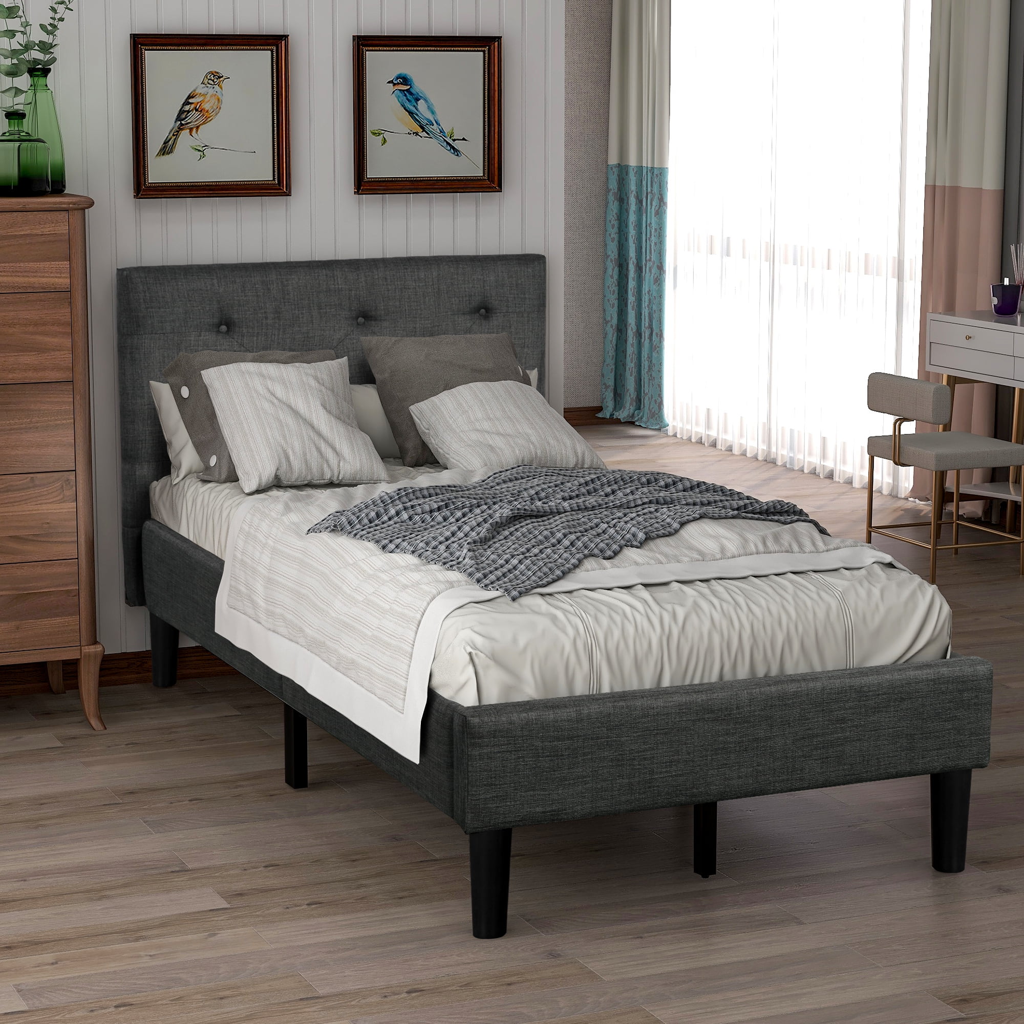 Gray Twin Upholstered Button Tufted Platform Bed with Strong Wood Slat Support