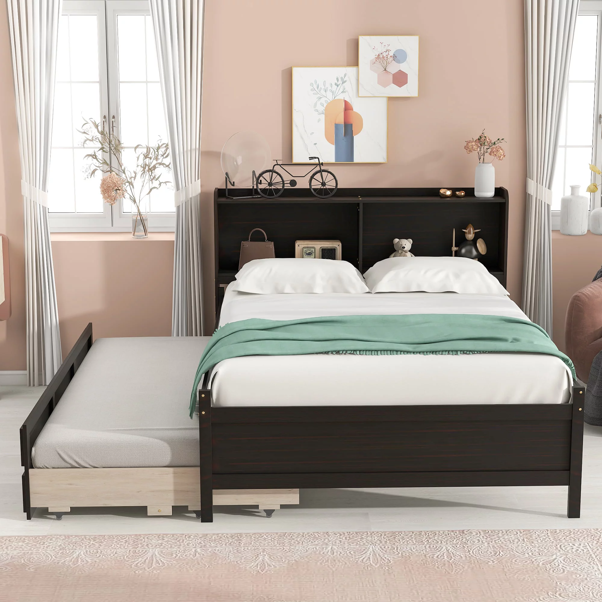 Anself Full Bed with Bookcase,Twin Trundle,Drawers,Espresso,Overall Product Dimension:85.0” x 57.7” x 41.2”