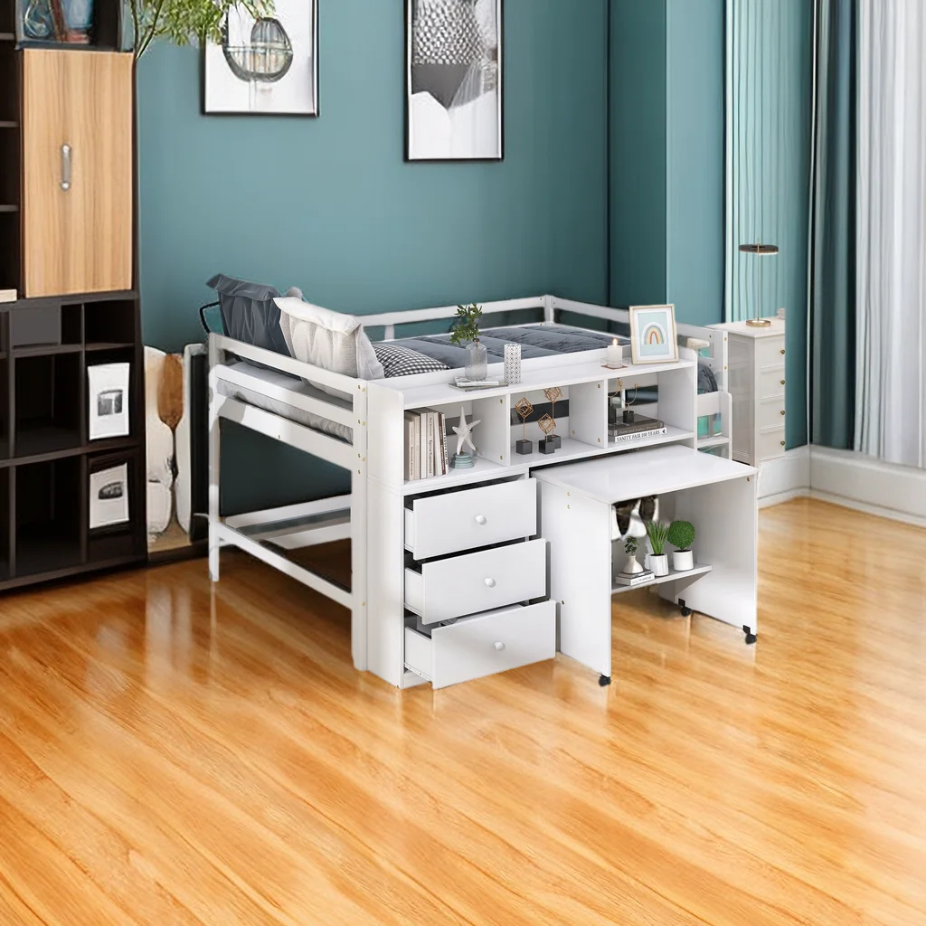 Bed Frame Full Wood, Full Size Low Loft Bed with Rolling Portable Desk, Drawers and Shelves
