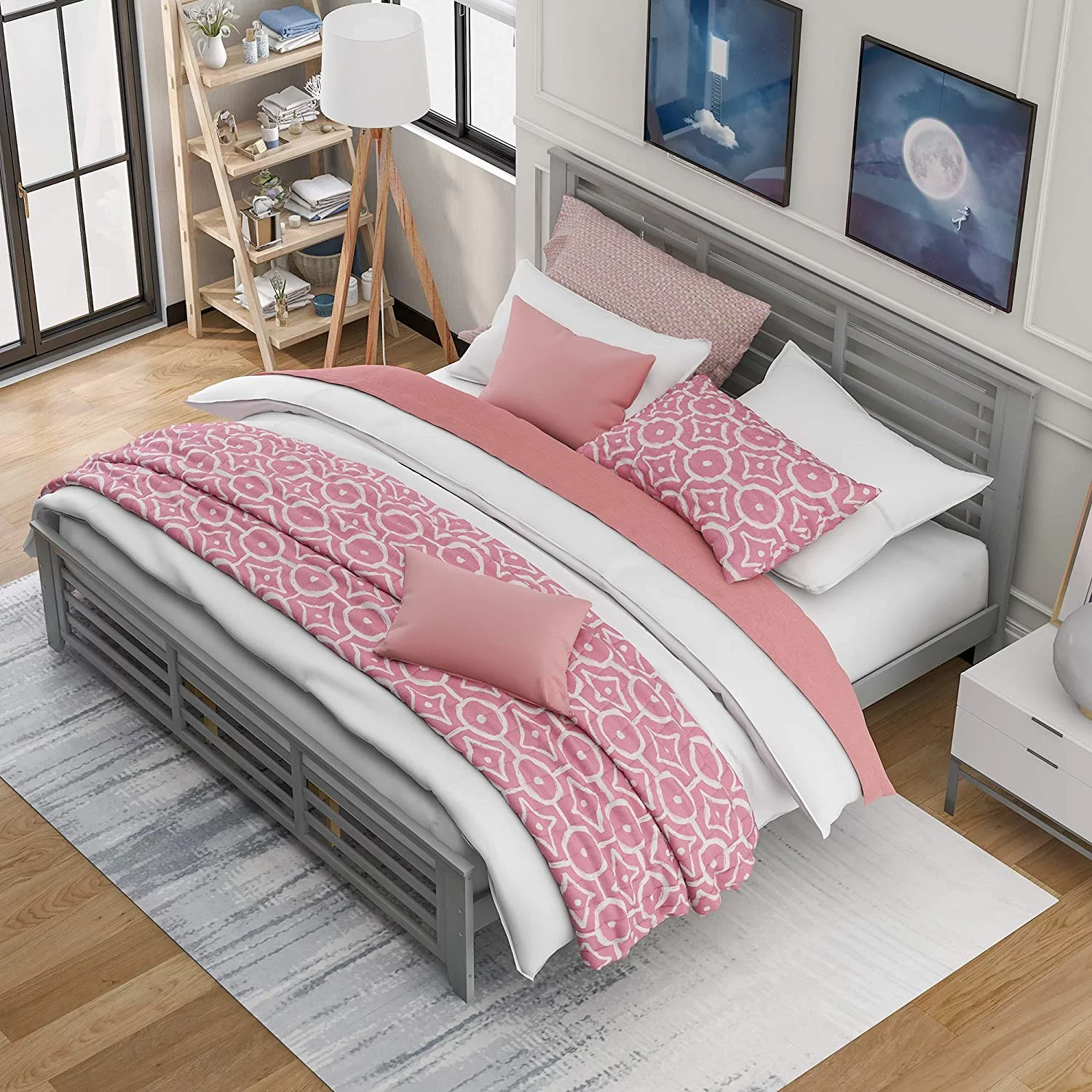 King Size Platform Bed Frame,Wood Platform Bed With Headboard And Footboard,King Bed Frame With Slat,No Box Spring Needed,Gray