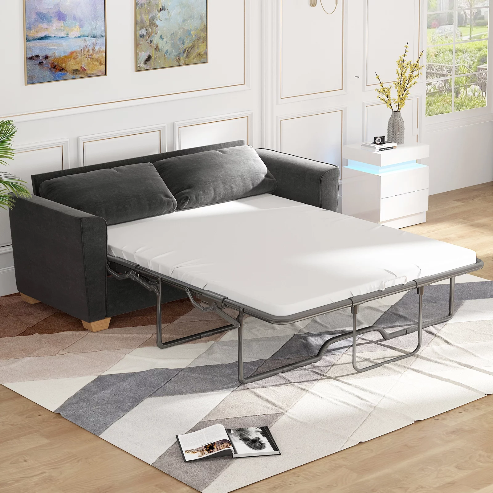 Mixoy Pull Out Sofa Bed, Loveseat Sleeper Sofa Bed with Memory Foam Mattress, 2-in-1 Pull Out Couch for Living Room/Small Spaces (Queen, Dark Grey)