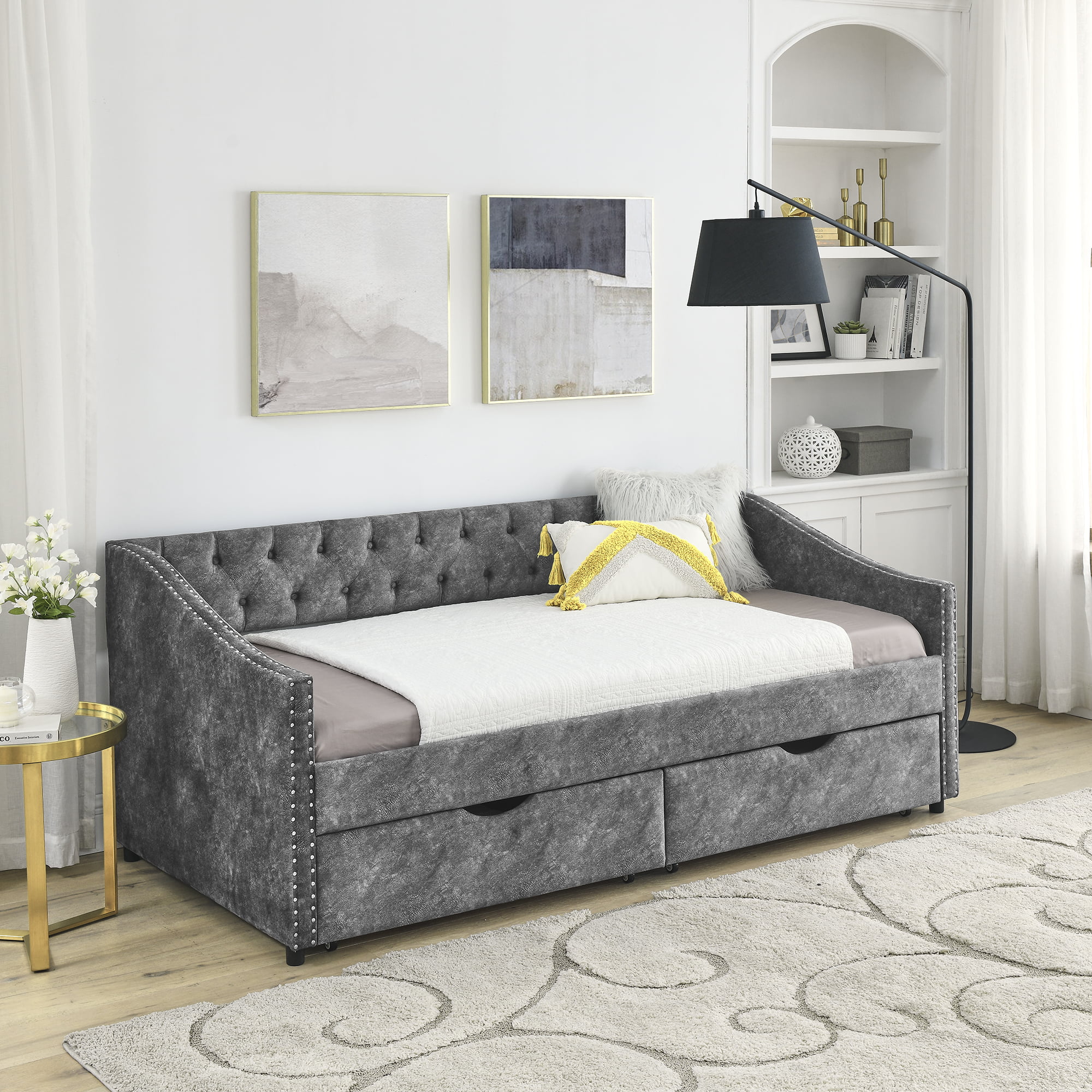 Monspeace Twin Size Upholstered Daybed with Two Storage Drawers,Twin Polyester Sofa Bed Storage Daybed Frame for Bedroom Guest Room - Gray