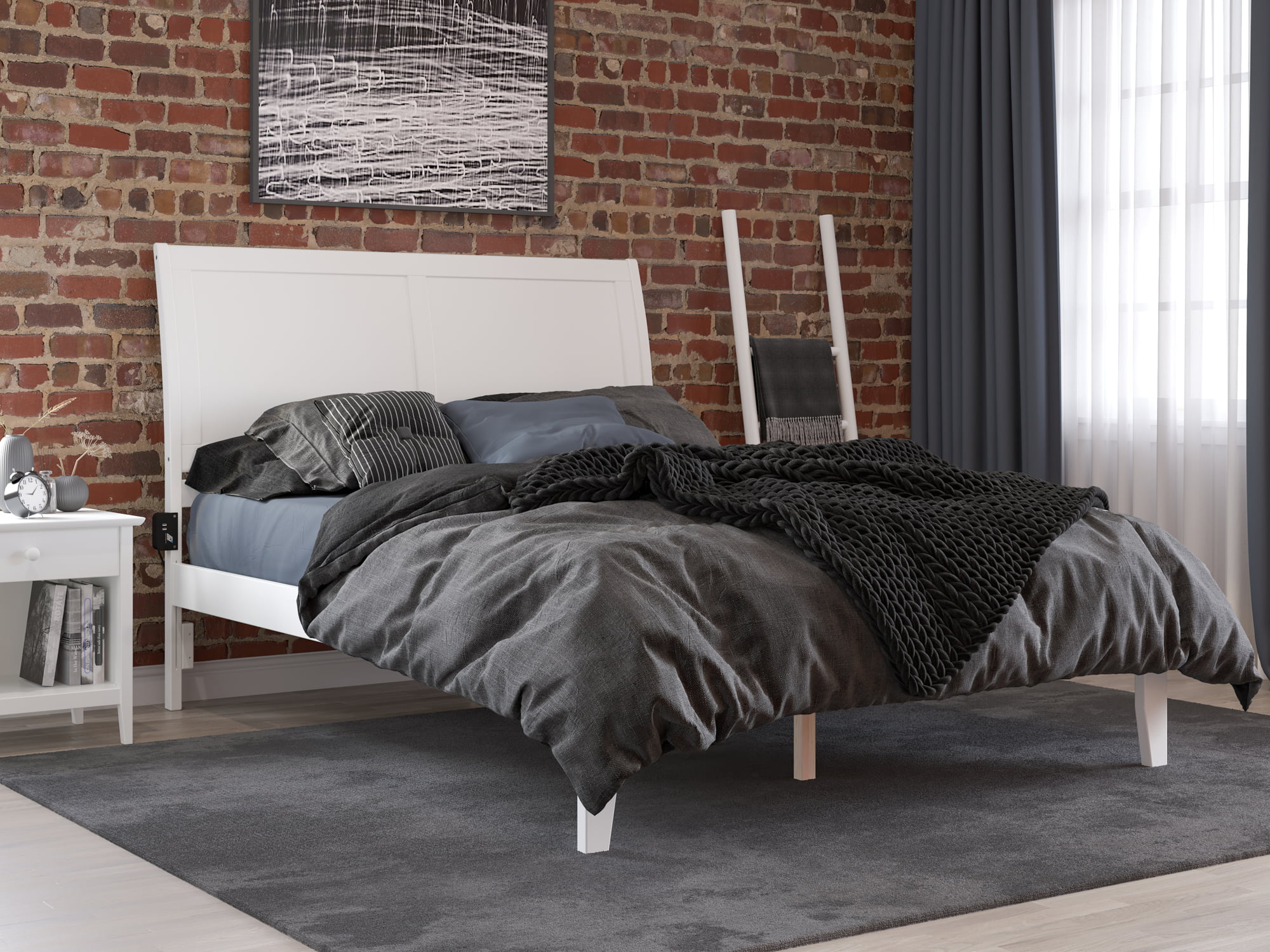 AFI Portland Queen Wood Platform Bed Frame with Sleigh Headboard, White