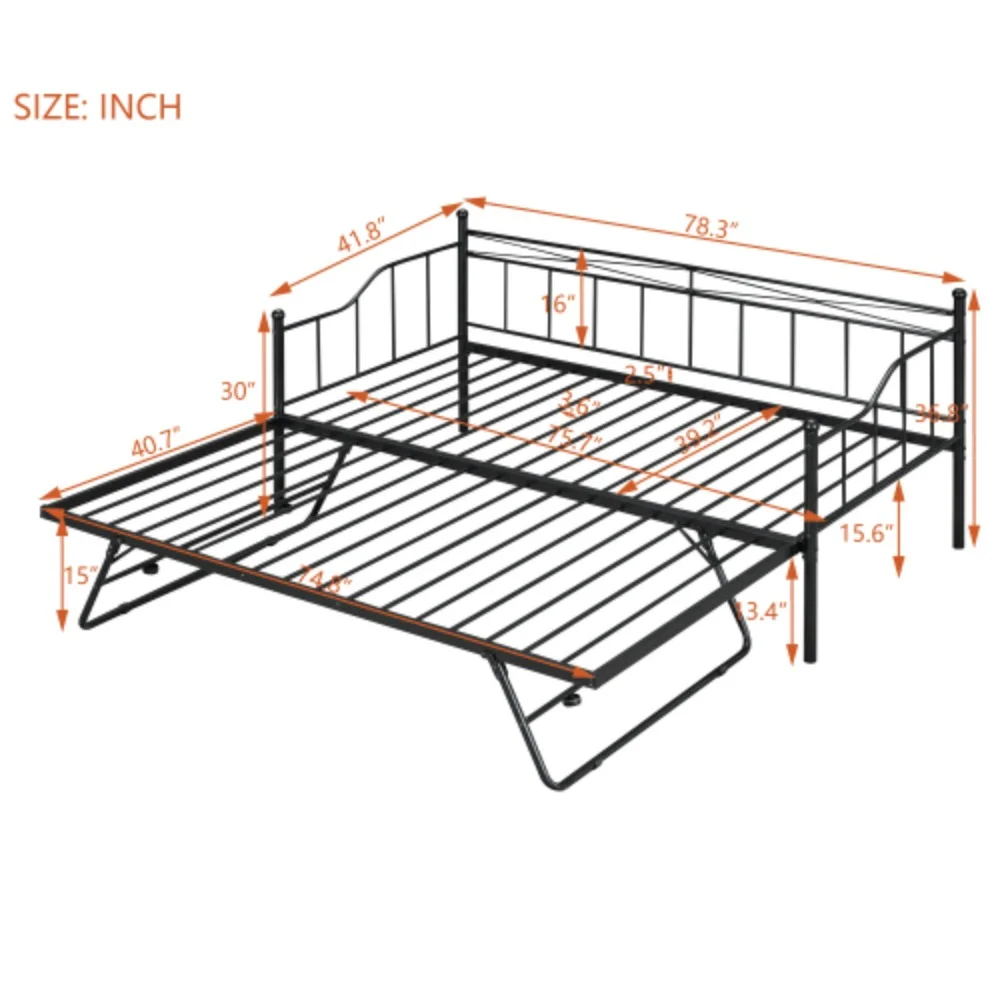 Twin Size Metal Daybed with Twin Size Adjustable Trundle, Portable Folding Trundle, Black White + Metal