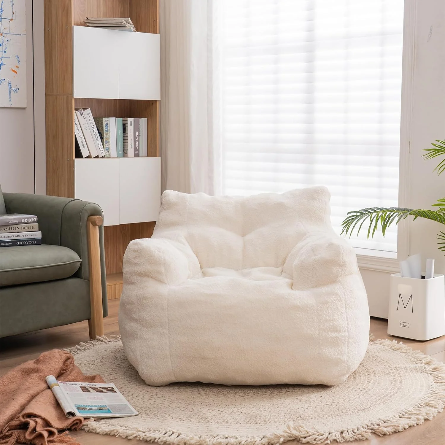 tantohom Adult Bean Bag Chair, Tufted Plush Lazy Sofa with Memory Cotton Beans & Armrest for Bedroom Gaming Room Apartment, White