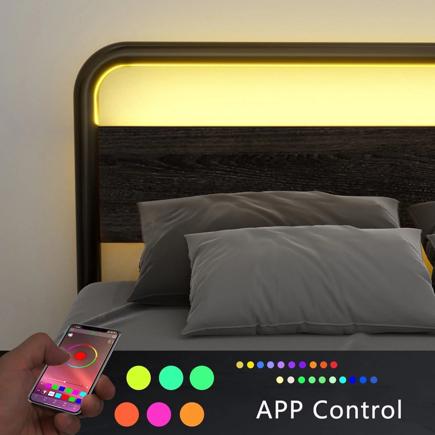 Catrimown Full Size LED Bed Frame, Platform Bed Frame with Rustic Country Style Wooden Headboard, Black