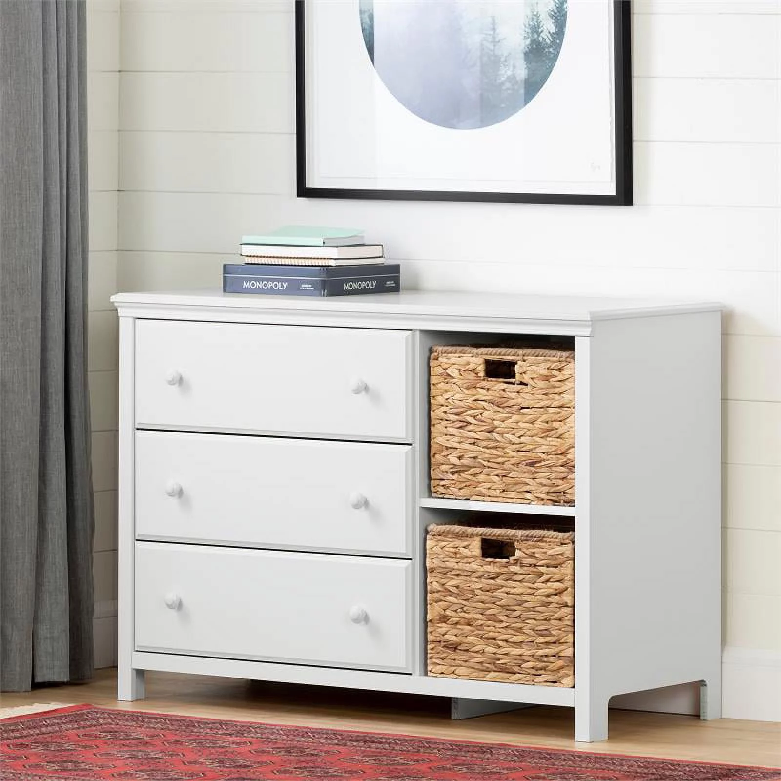 Roseberry Kids 3-Drawer Transitional Wood Dresser with Baskets in White