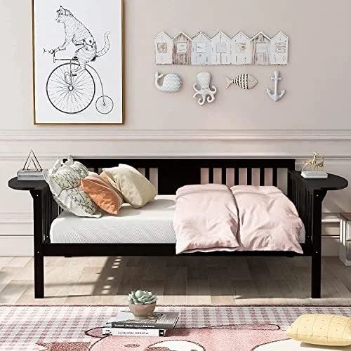 xrboomlife Harper & Bright Designs Wood Twin Size Daybed Sofa Bed Frame with Small Table Wood Slat Support Twin Daybed for Bedroom Living Room (Espresso)