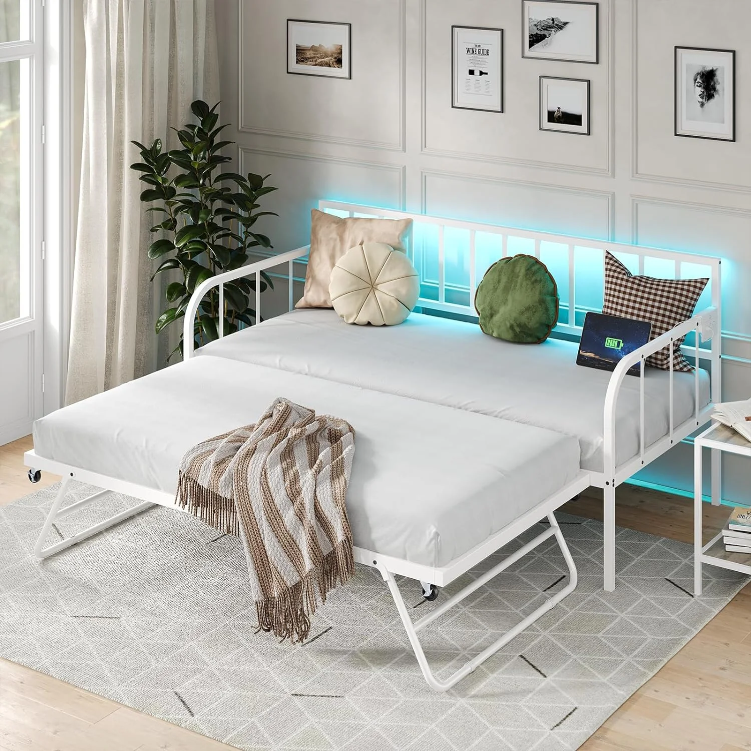 GEROBOOM Daybed with Trundle Adjustable Sofa Bed Frame with LED Metal Twin Daybed with Charging Station for Living Room Bedroom and Guest Room White