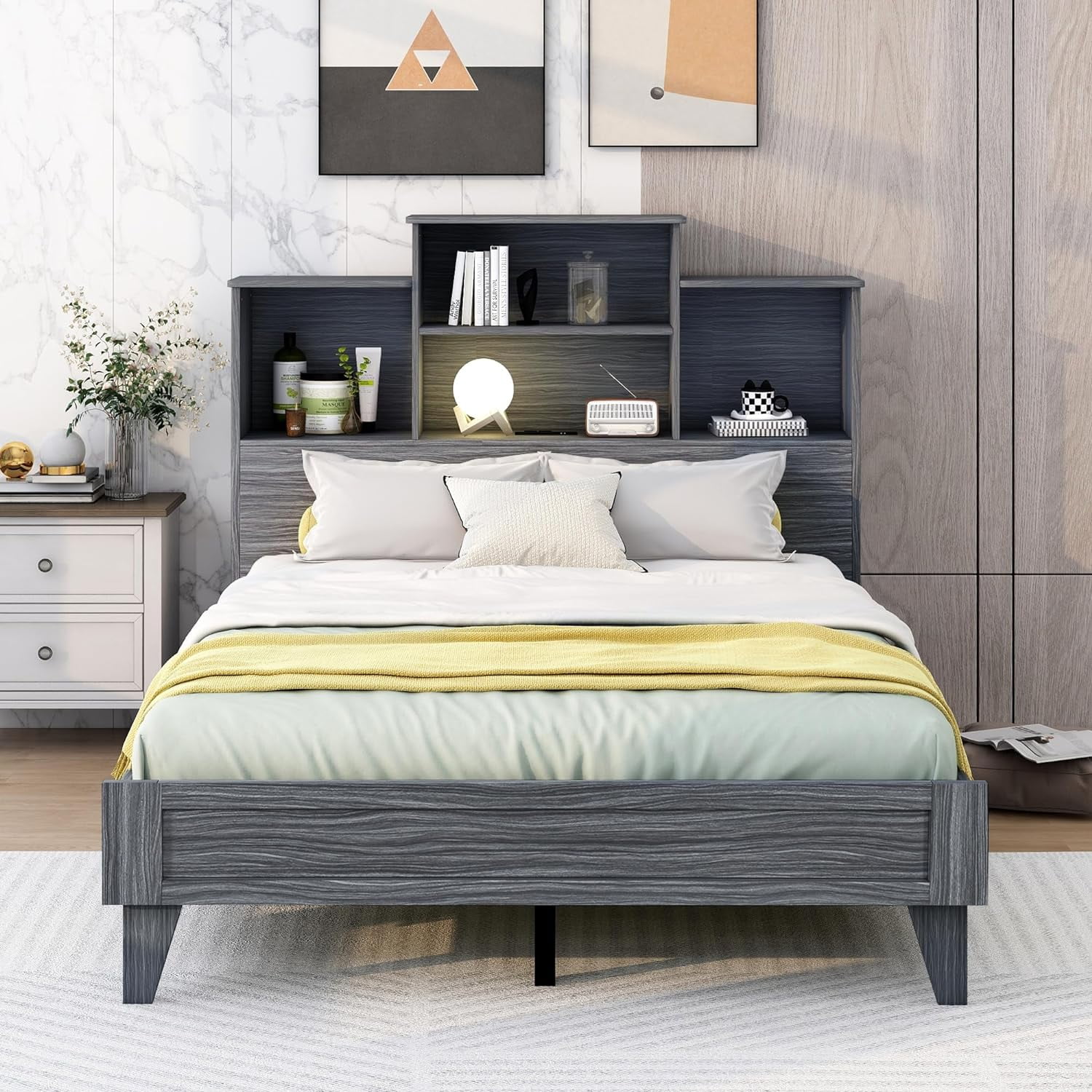 Full Size Storage Platform Bed Frame With 4 Ope Storage Shelves Ad USB Chargig Desig, Wood Platform Bed With Bookcase Headboard For Bedroom, Gray