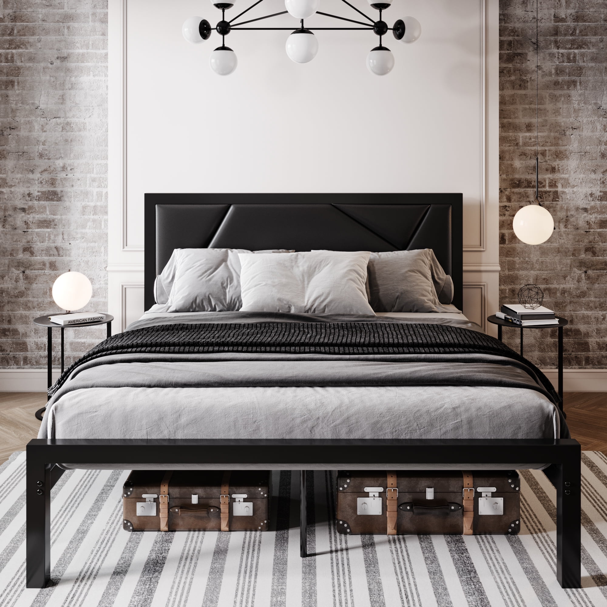 Sha Cerlin Black Queen Size Metal Platform Bed Frame with Leather Headboard & Underbed Storage, Adult