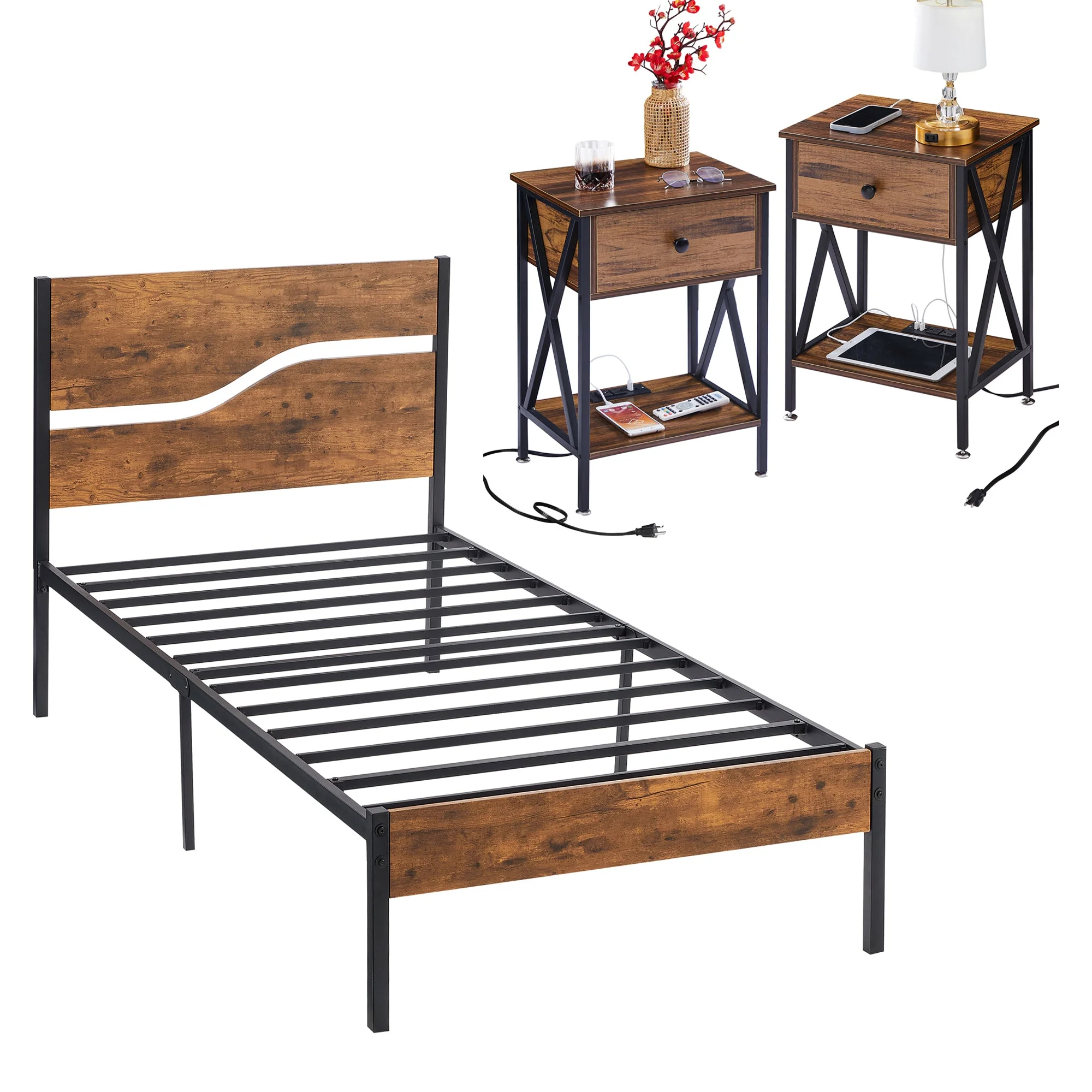 VECELO 3-Piece Bedroom Set with Charging Station and USB Ports Nightstand + Twin Platform Bed Frame, Brown