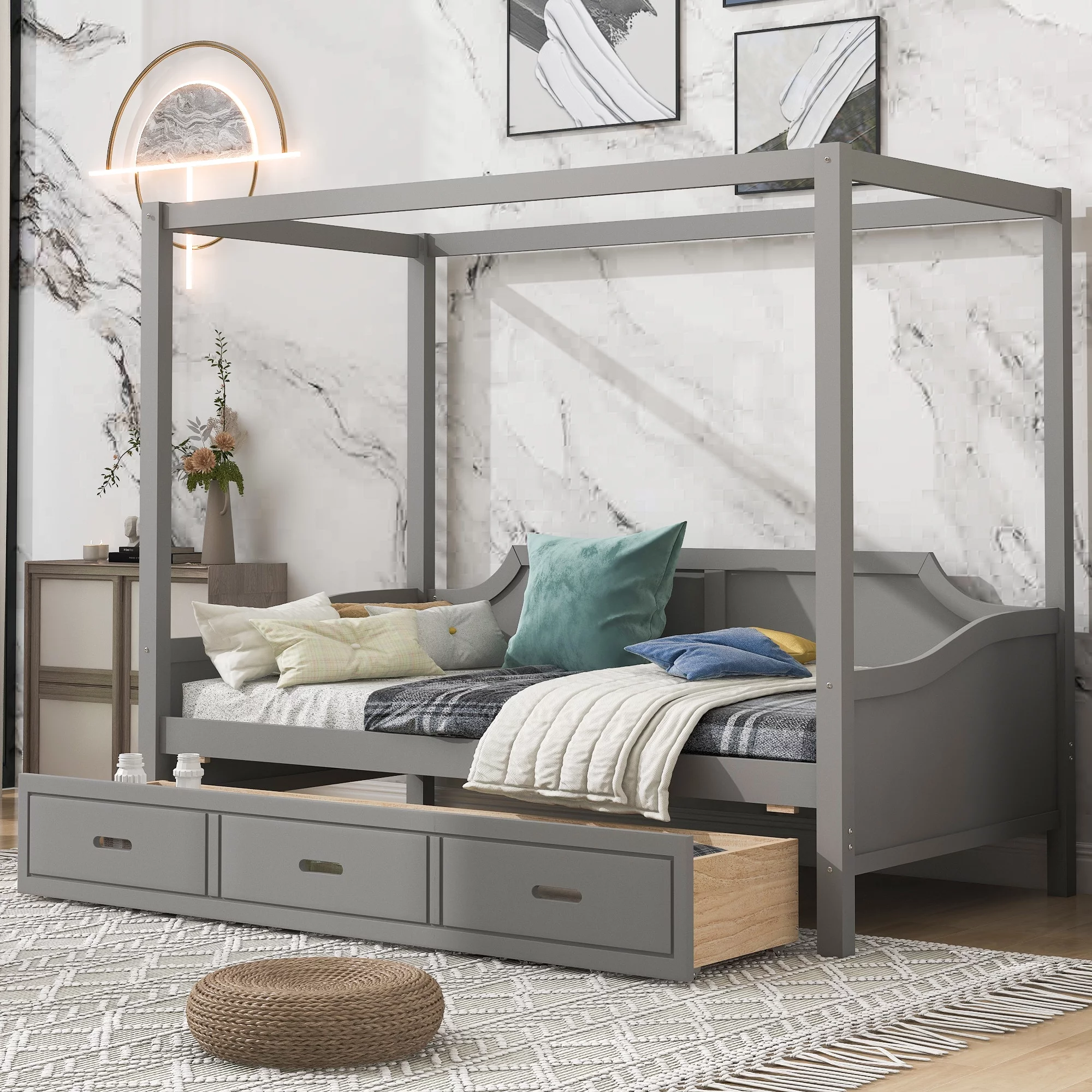 CoSoTower Twin Size Wooden Canopy Daybed with 3 in 1 Storage Drawers, Grey