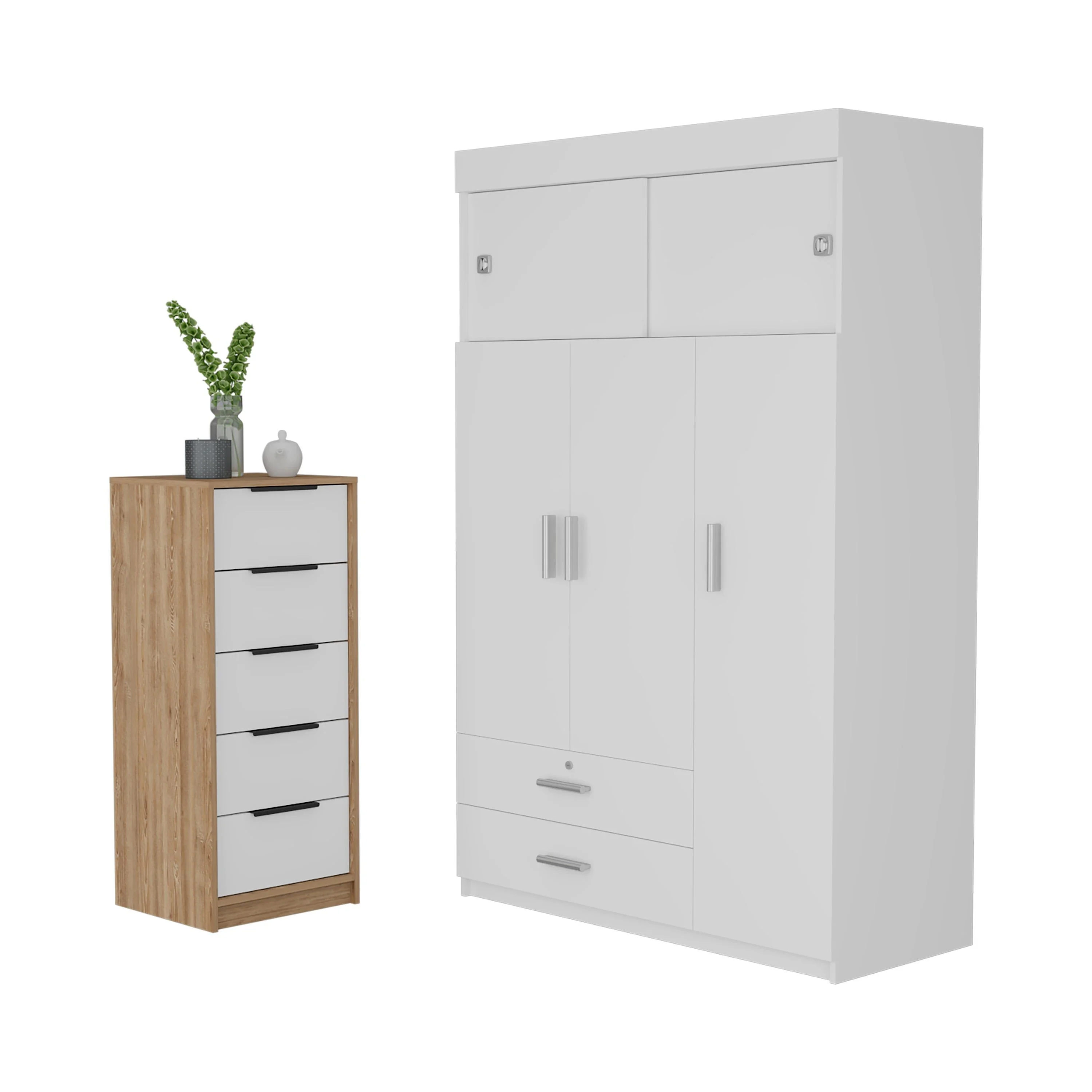 FM Furniture Cozad 2-Piece Bedroom Set with Armoire and 5-Drawer Dresser, White/Light Oak