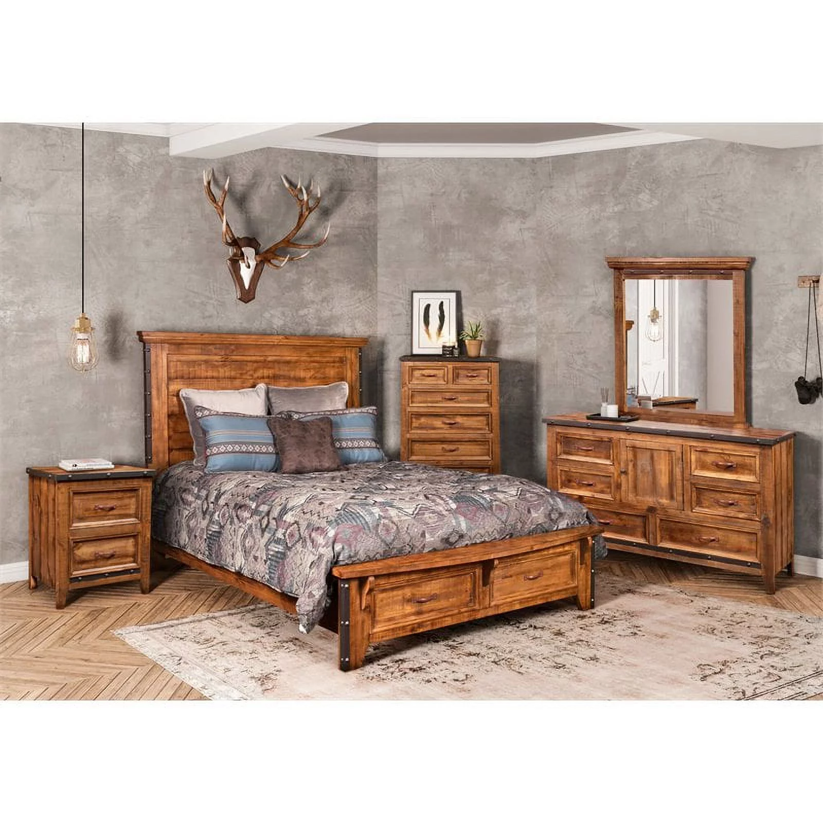 Sunset Trading Rustic City 5-Piece Contemporary Wood Queen Bedroom Set in Oak