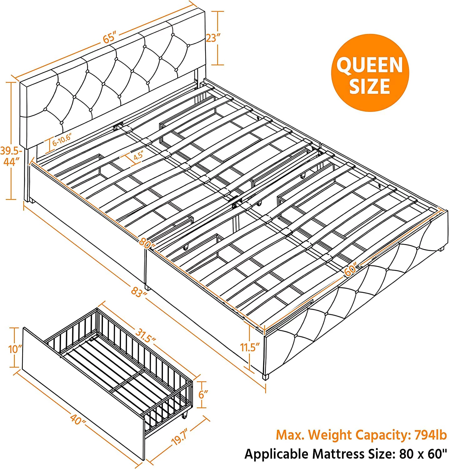 Yaheetech Queen Size Upholstered Bed Frame with 4 Drawers and Adjustable Headboard  Faux Leather Platform Bed with Mattress Foundation Strong Wooden Slats Support  No Box Spring Needed  B
