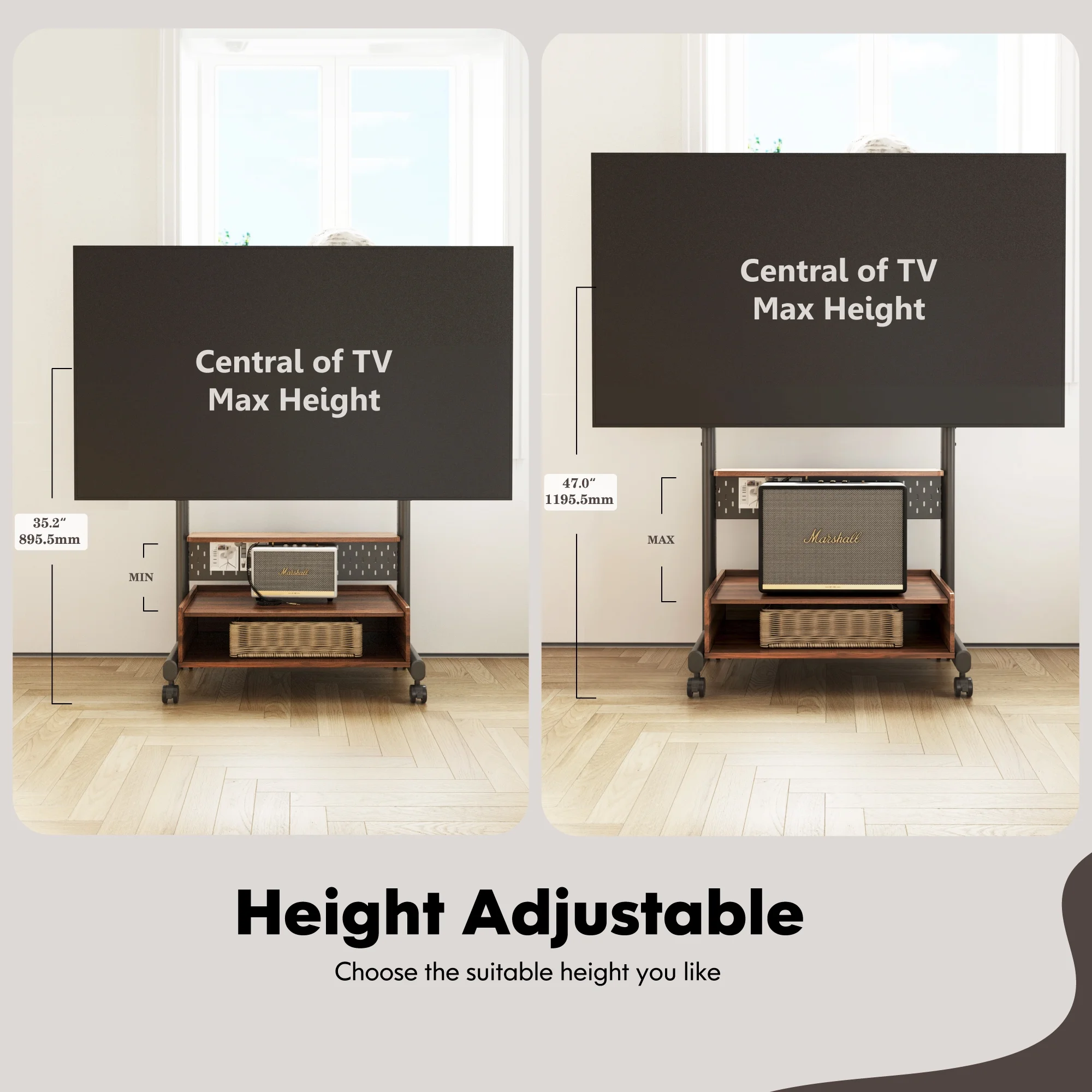 FITUEYES Rolling Floor TV Stand Mount for 40-85 Inch TVs for Bedroom and living room,with One Wooden Large Storage, Height adjustable,Walnut